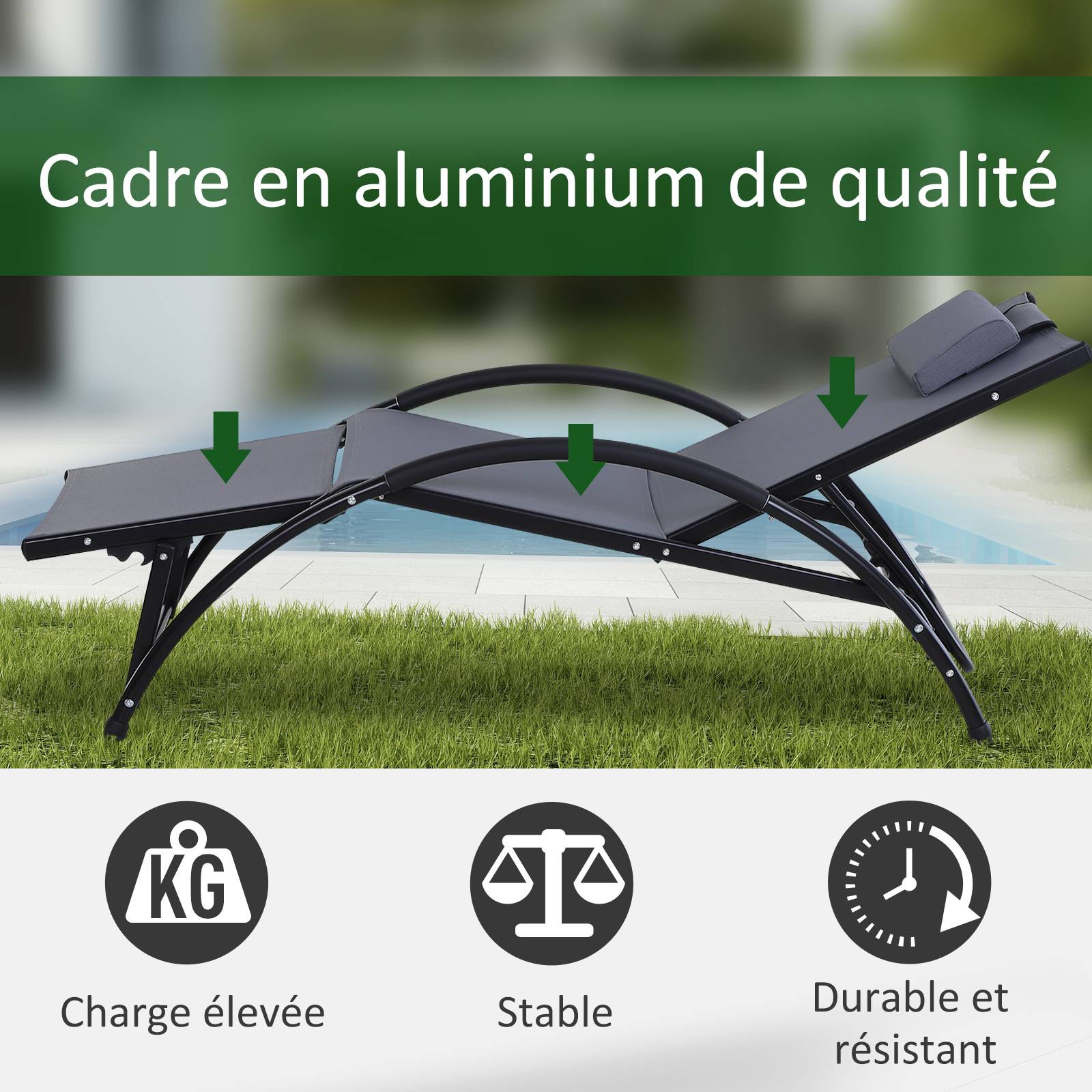 Outsunny - Bain de soleil transat design contemporain inclinable multi-positions repose-pied réglable tétière incluse alu textilène gris - Outsunny - Imagen 4