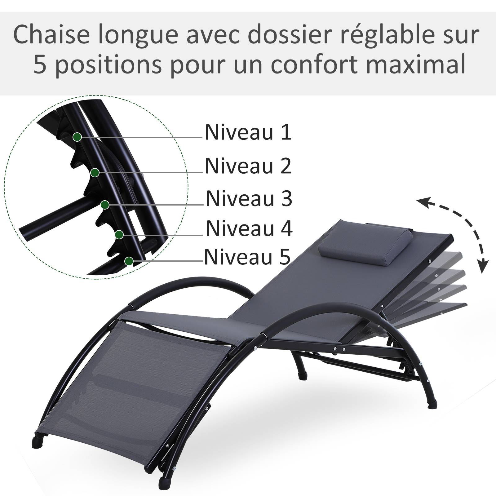 Outsunny - Bain de soleil transat design contemporain inclinable multi-positions repose-pied réglable tétière incluse alu textilène gris - Outsunny - Imagen 5
