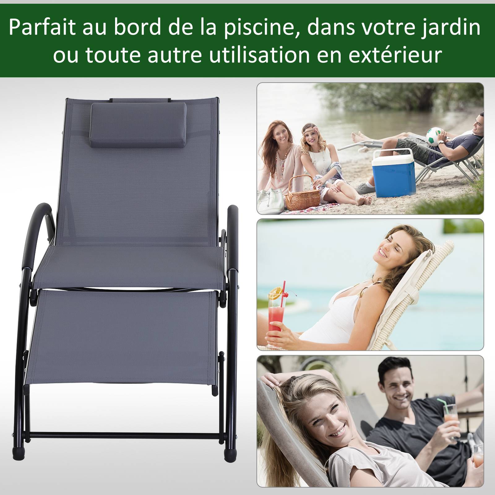Outsunny - Bain de soleil transat design contemporain inclinable multi-positions repose-pied réglable tétière incluse alu textilène gris - Outsunny - Imagen 6