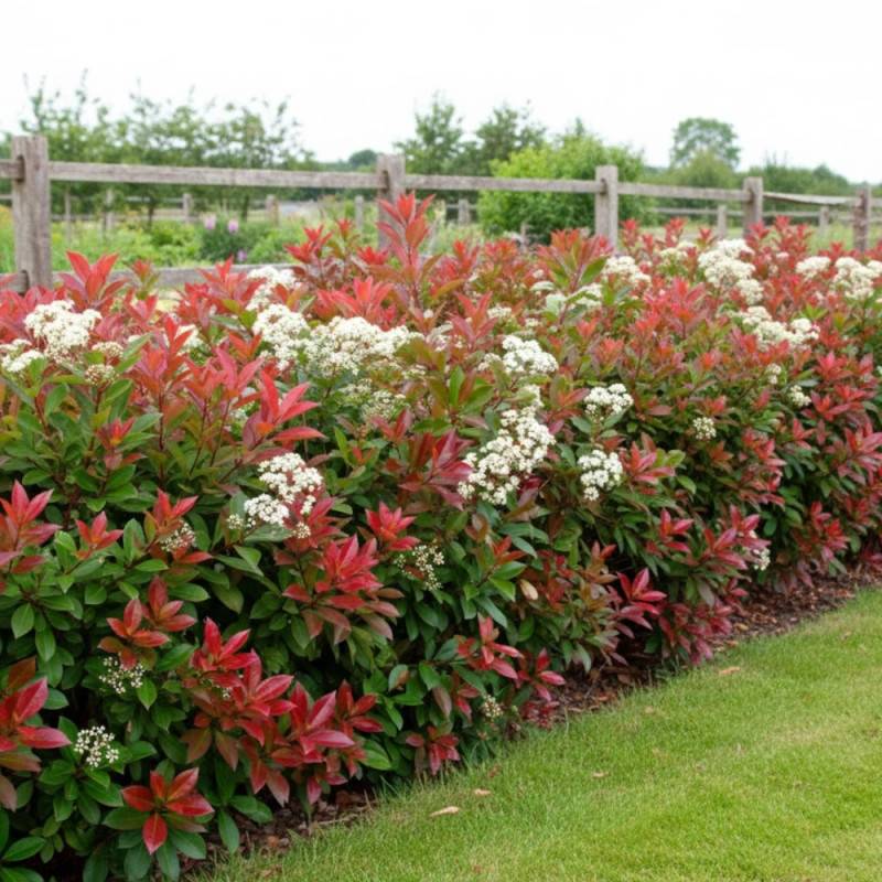 Photinia Red Robin à fleurs Blanche - feuillage Persistant - Pot de 7,5L - 60/80 cm-  hauteur à maturité De 2,50 m à 3,00 m - Image 2