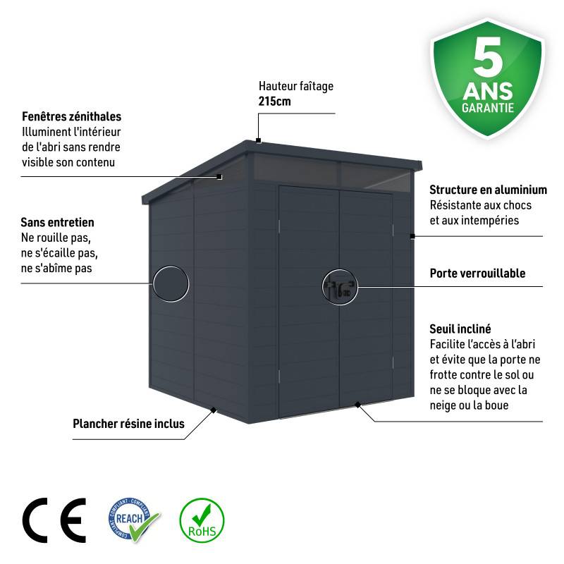 Jobu - Abri de jardin résine anthracite 3,24m² toit plat avec plancher Jôbu - Image 4