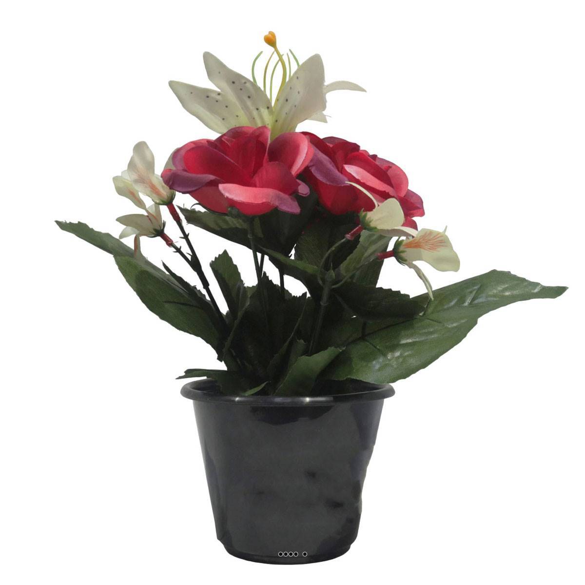Artificielles - Pot pour cimetière de bouton de Rose, Orchidée et Lys artificiels Rose fushia- Toussaint - couleur: Rose fushia 730 - Imagen 1