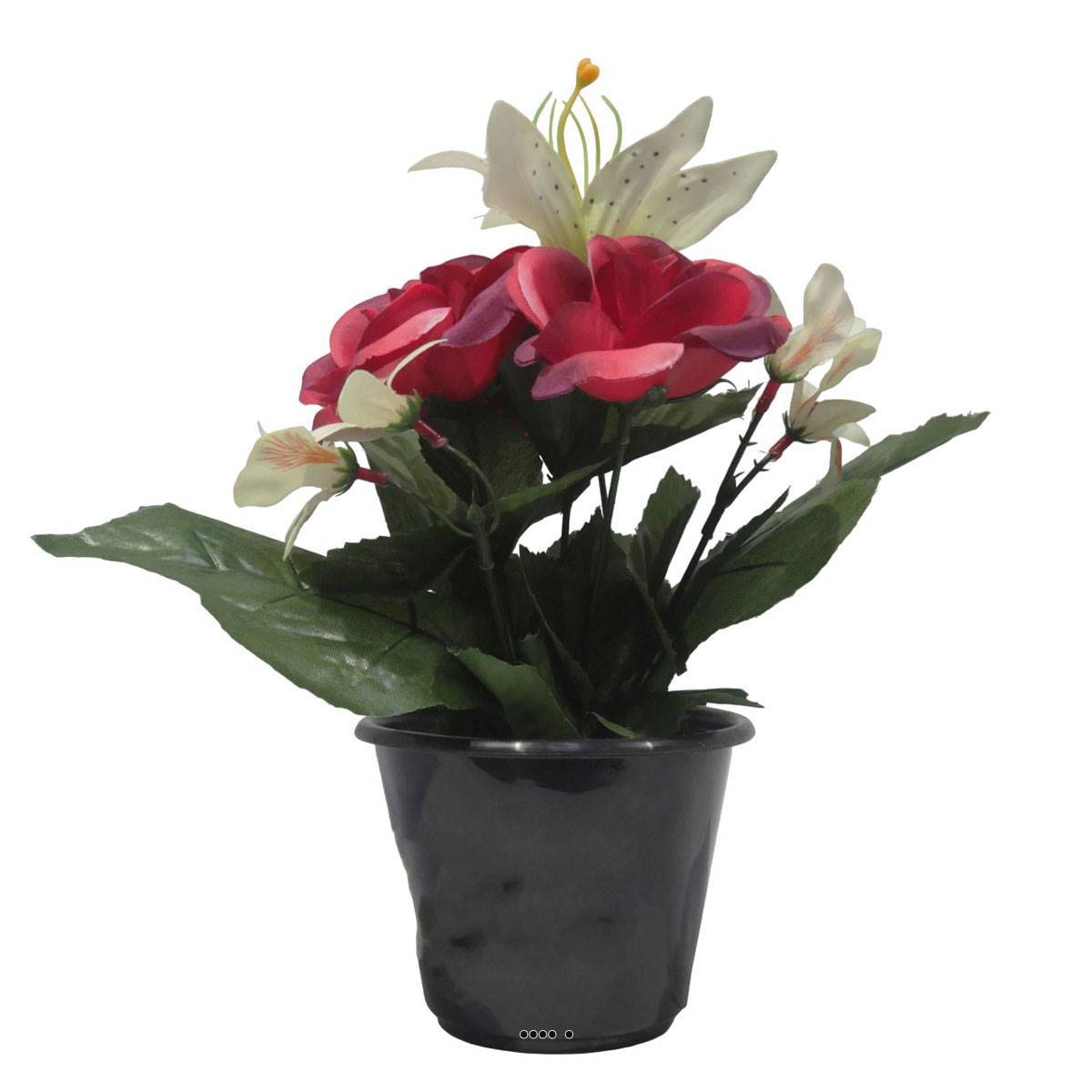 Artificielles - Pot pour cimetière de bouton de Rose, Orchidée et Lys artificiels Rose fushia- Toussaint - couleur: Rose fushia 730 - Imagen 2