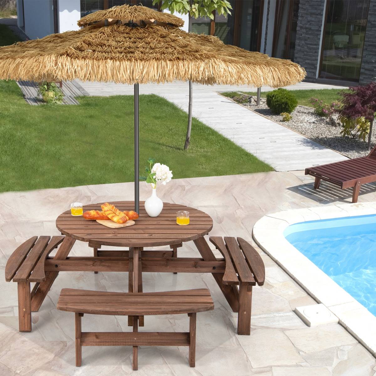 Table de Pique-Nique, Ensemble de Table et 4 Bancs de Jardin avec Trou de Parasol pour 8 Personnes en Sapin Verni - Image 3