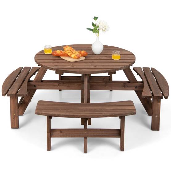 Table de Pique-Nique, Ensemble de Table et 4 Bancs de Jardin avec Trou de Parasol pour 8 Personnes en Sapin Verni - Image 1