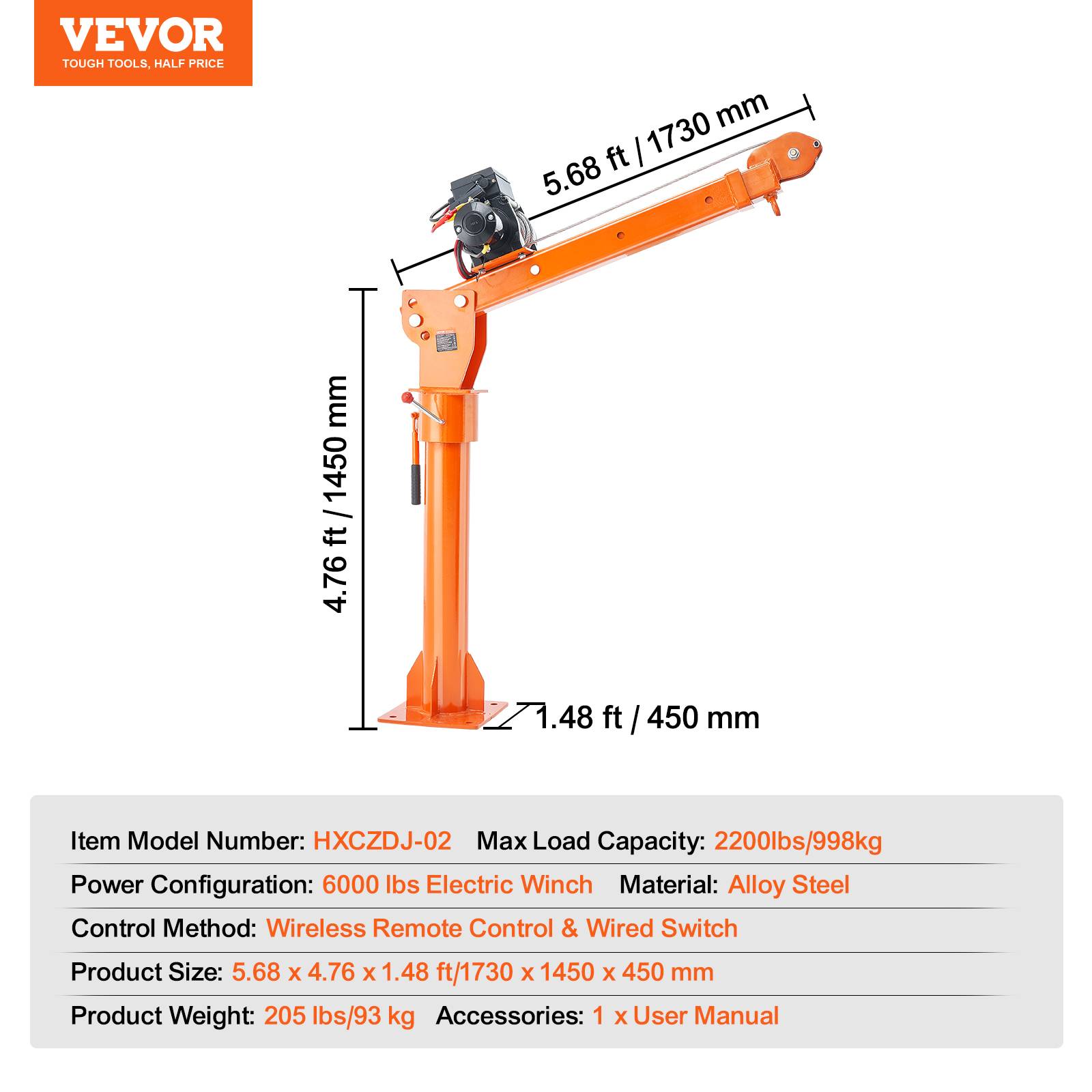 VEVOR Grue electrique sur attelage 998kg,treuil 2722kg,acier, pivot 360,pour chantier - Image 7