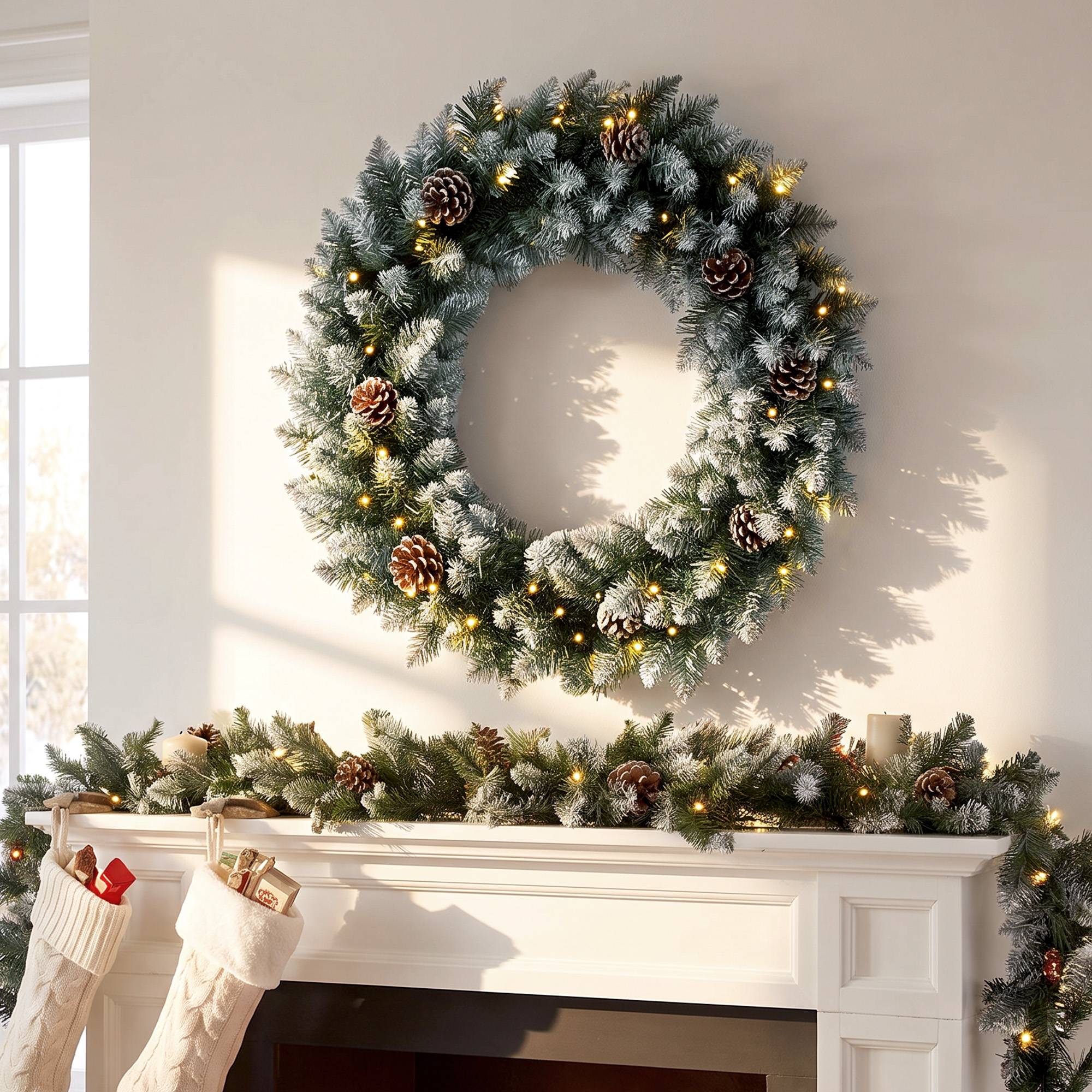 Couronne Noël 60 cm lumineuse porte 50 LED pommes pin neige artificielle - Image 3