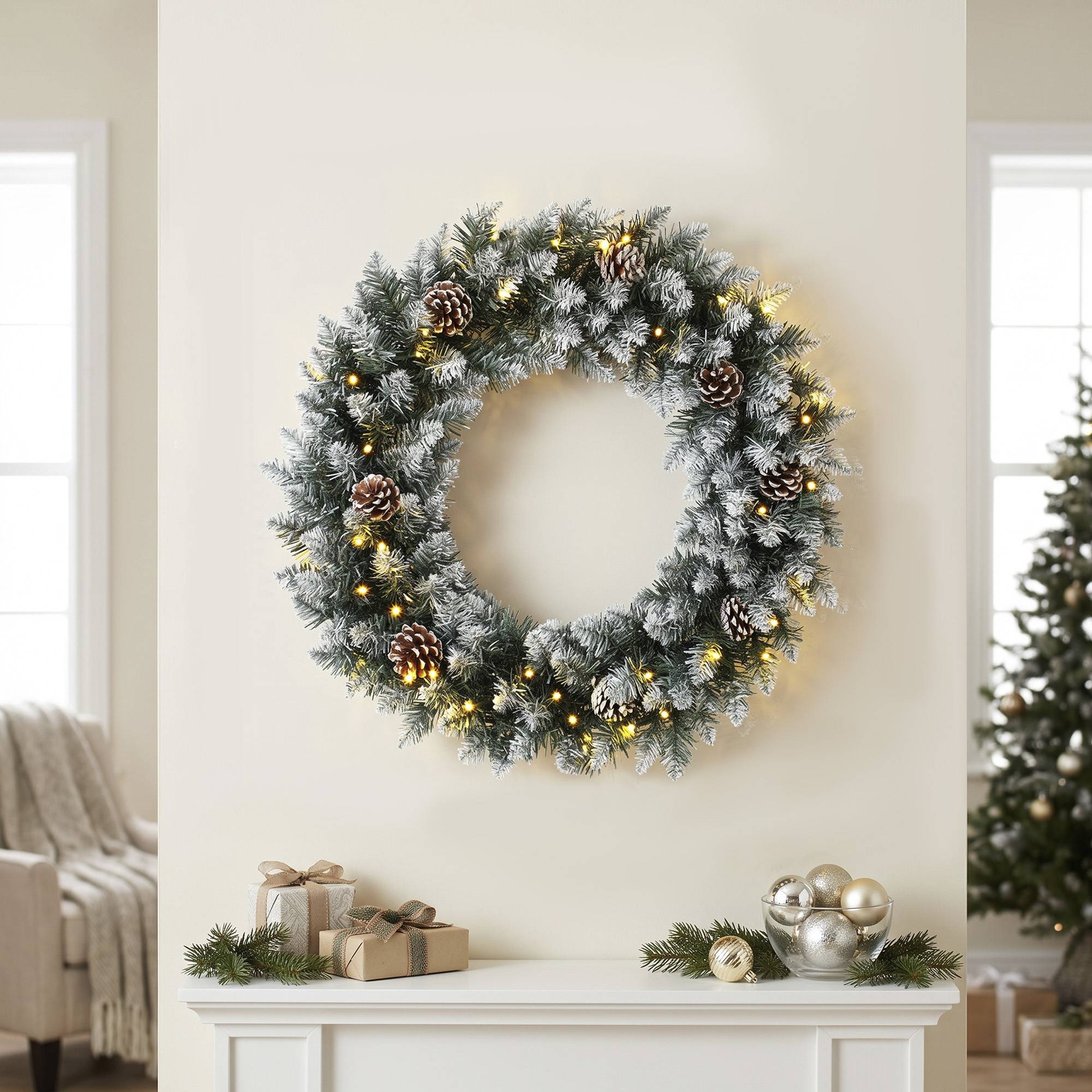 Couronne Noël 60 cm lumineuse porte 50 LED pommes pin neige artificielle - Image 4