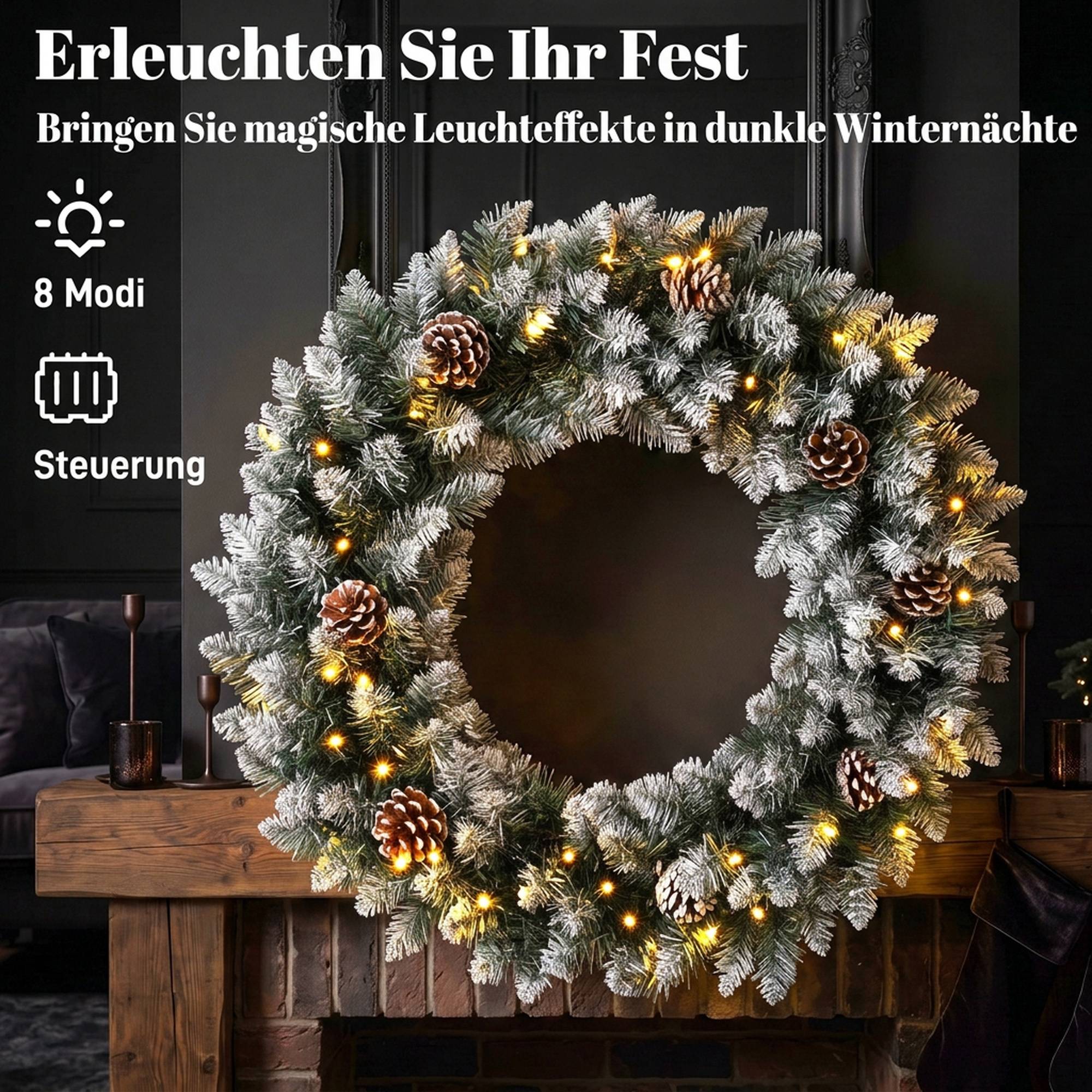 Couronne Noël 60 cm lumineuse porte 50 LED pommes pin neige artificielle - Image 7