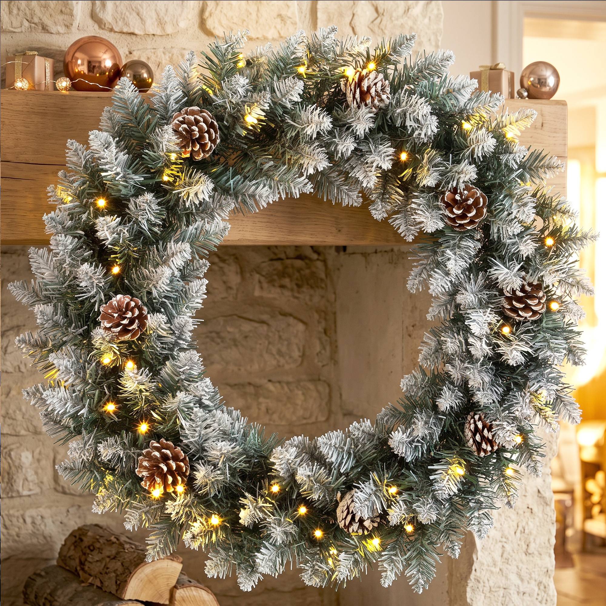 Couronne Noël 60 cm lumineuse porte 50 LED pommes pin neige artificielle - Image 10