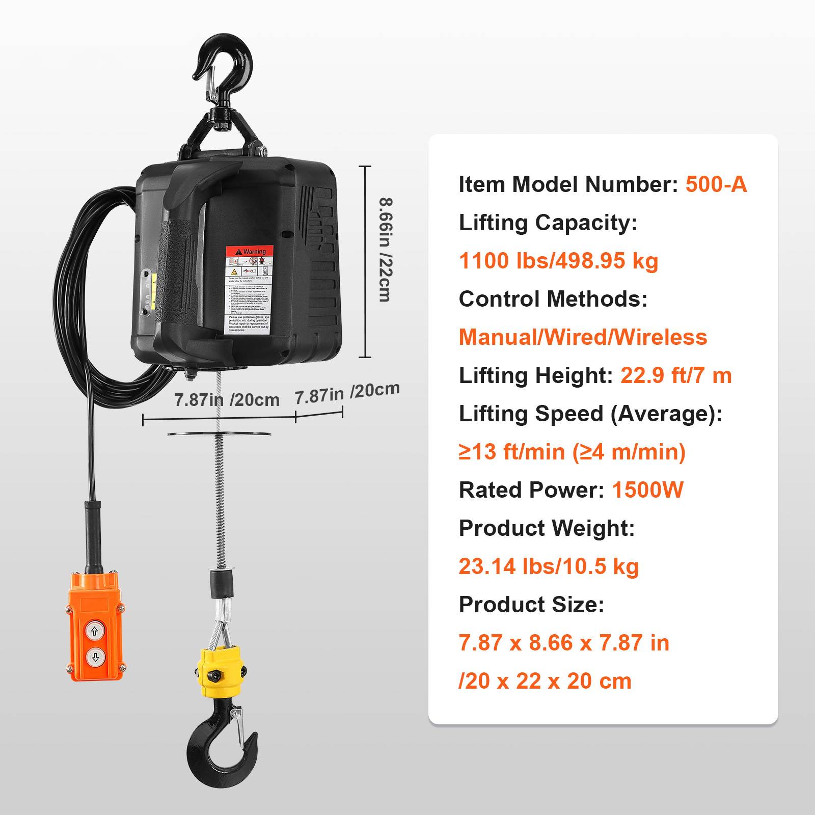 VEVOR Palan électrique 3 en 1, 500 kg, treuil portable 1500W, ht. levage 7m, télécommande filaire/sans fil. - Image 7