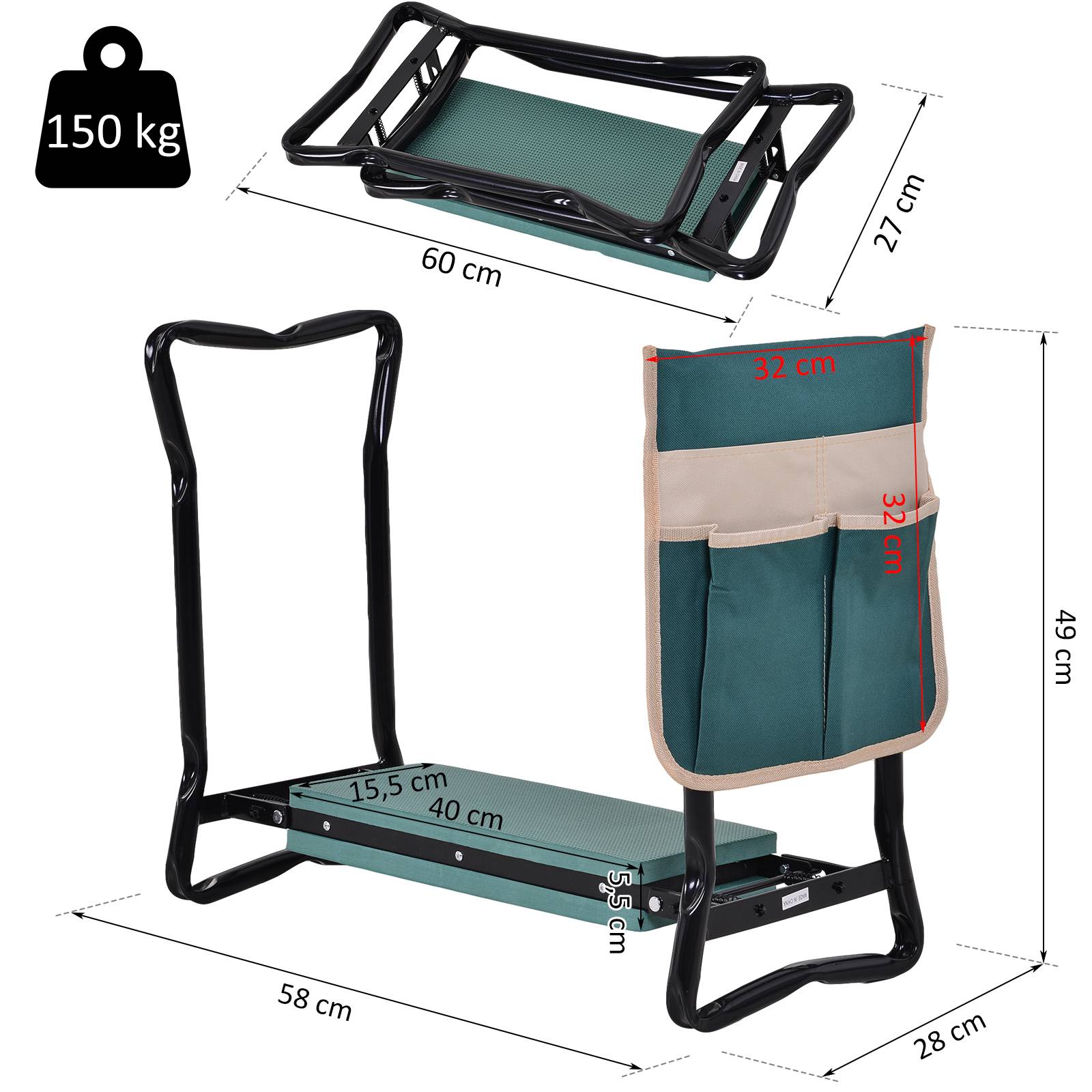 Outsunny - Tabouret Jardin Pliable Agenouilloir Siège avec Coussin Pochette Rangement Outils Vert - Outsunny - Image 3