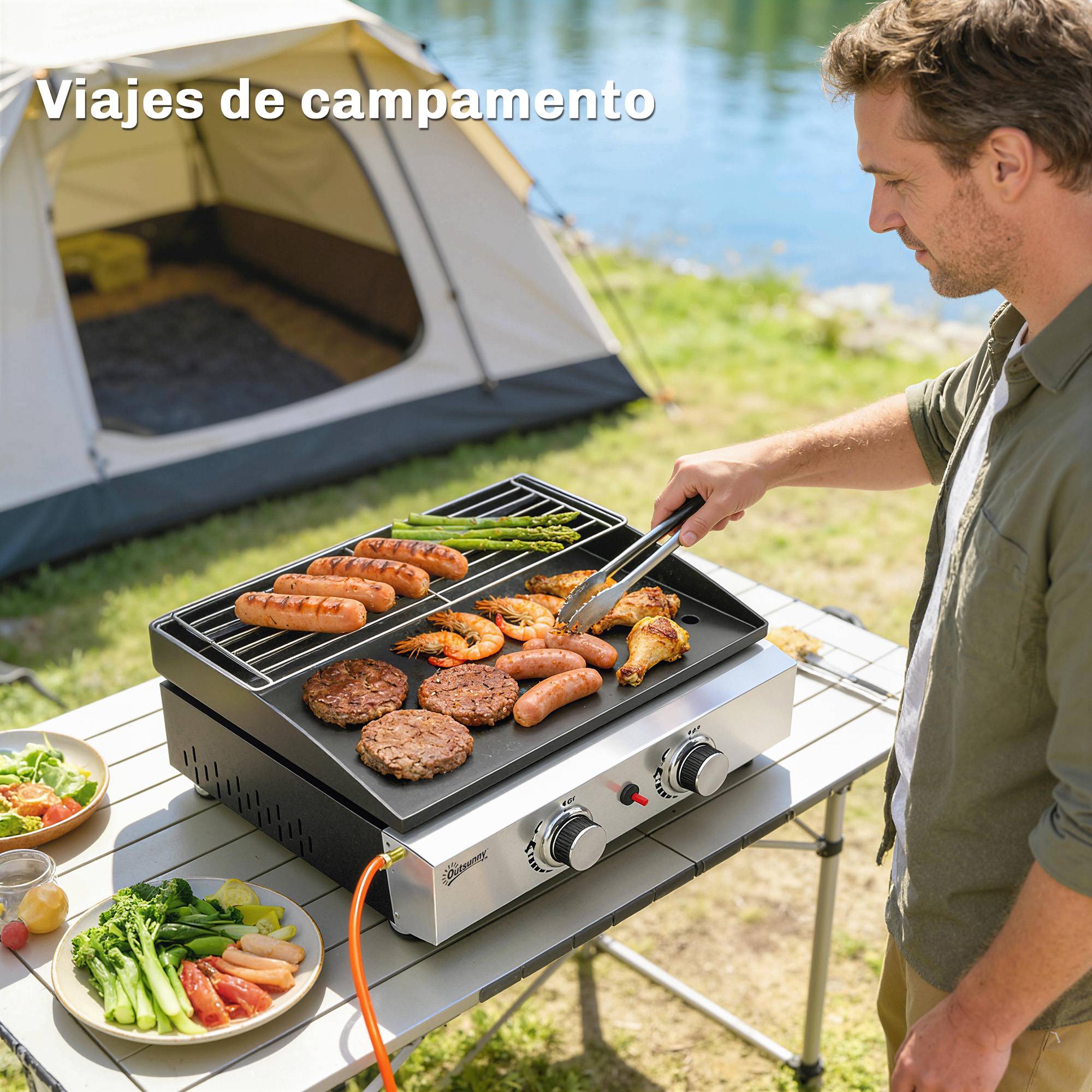Barbecue à gaz portable 5 kW à 2 brûleurs avec plaque de cuisson, grille de maintien au chaud et récupérateur de graisse noir - Image 10