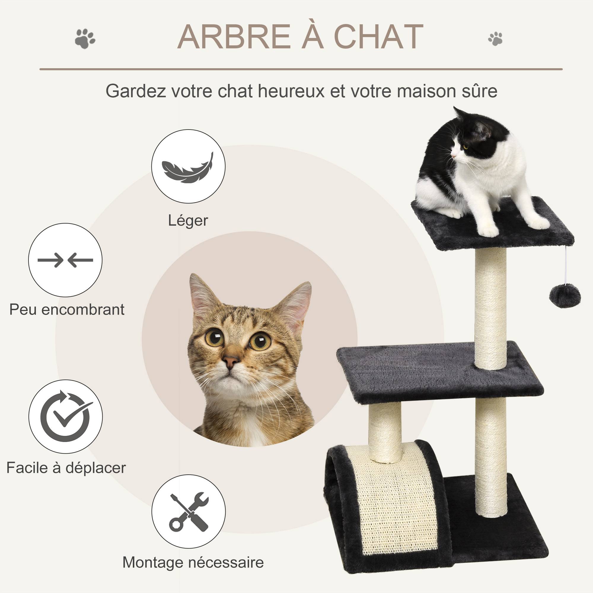 Pawhut - Arbre à chat griffoir grattoir design jeu boule suspendue 2 plateformes peluche sisal naturel gris - Imagen 4