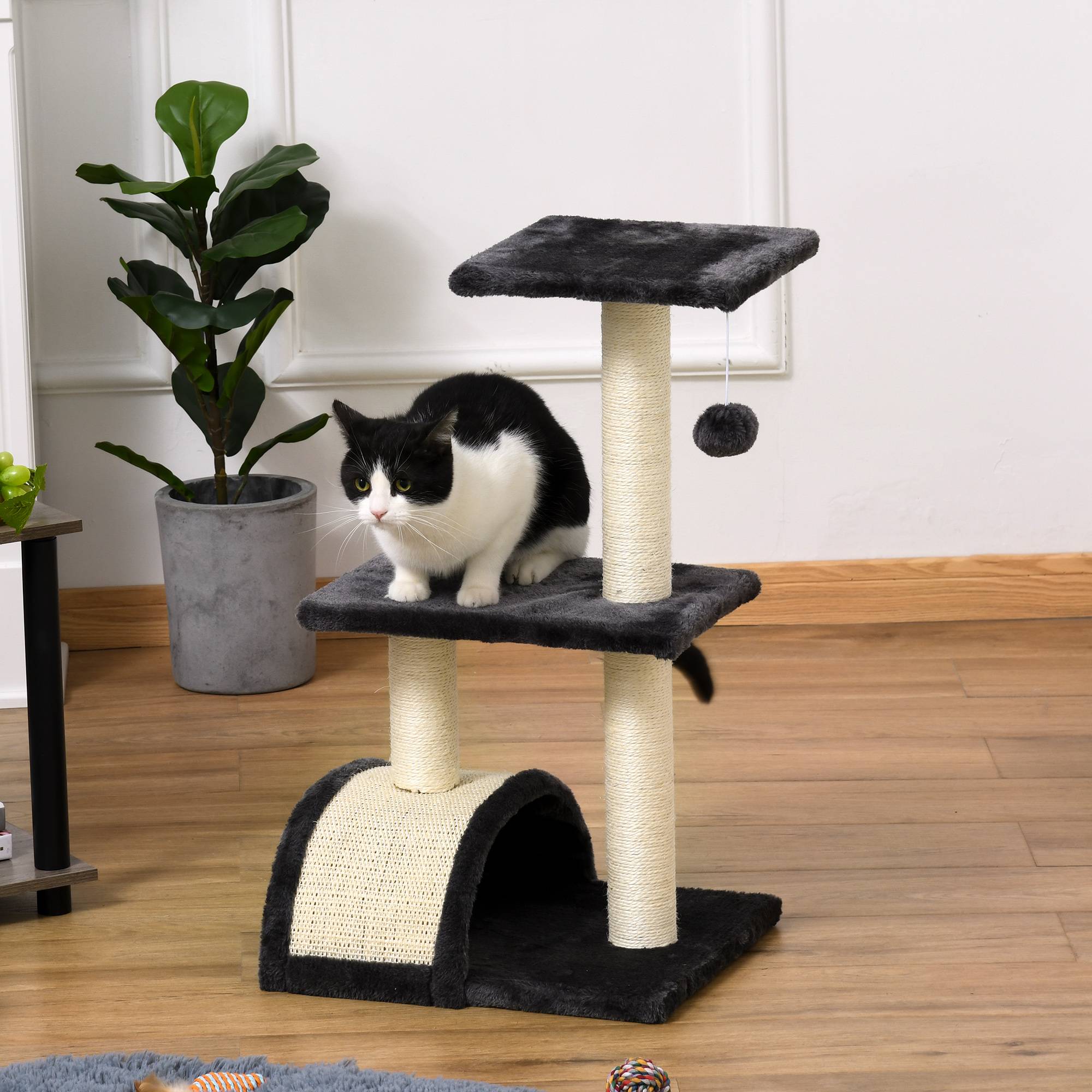 Pawhut - Arbre à chat griffoir grattoir design jeu boule suspendue 2 plateformes peluche sisal naturel gris - Imagen 2