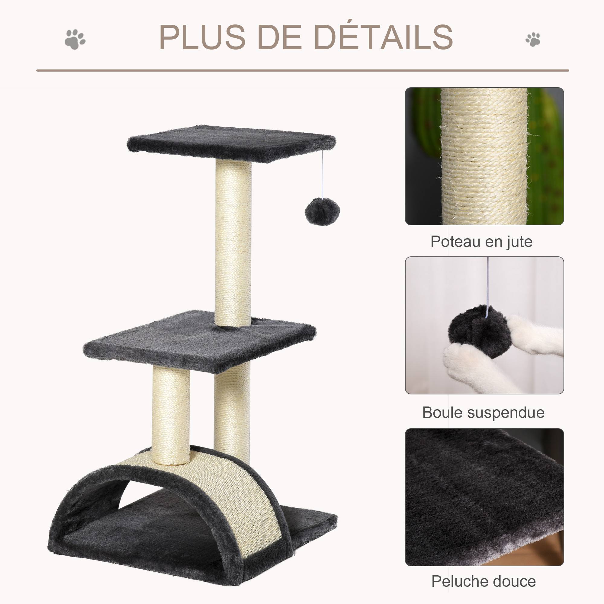Pawhut - Arbre à chat griffoir grattoir design jeu boule suspendue 2 plateformes peluche sisal naturel gris - Imagen 5