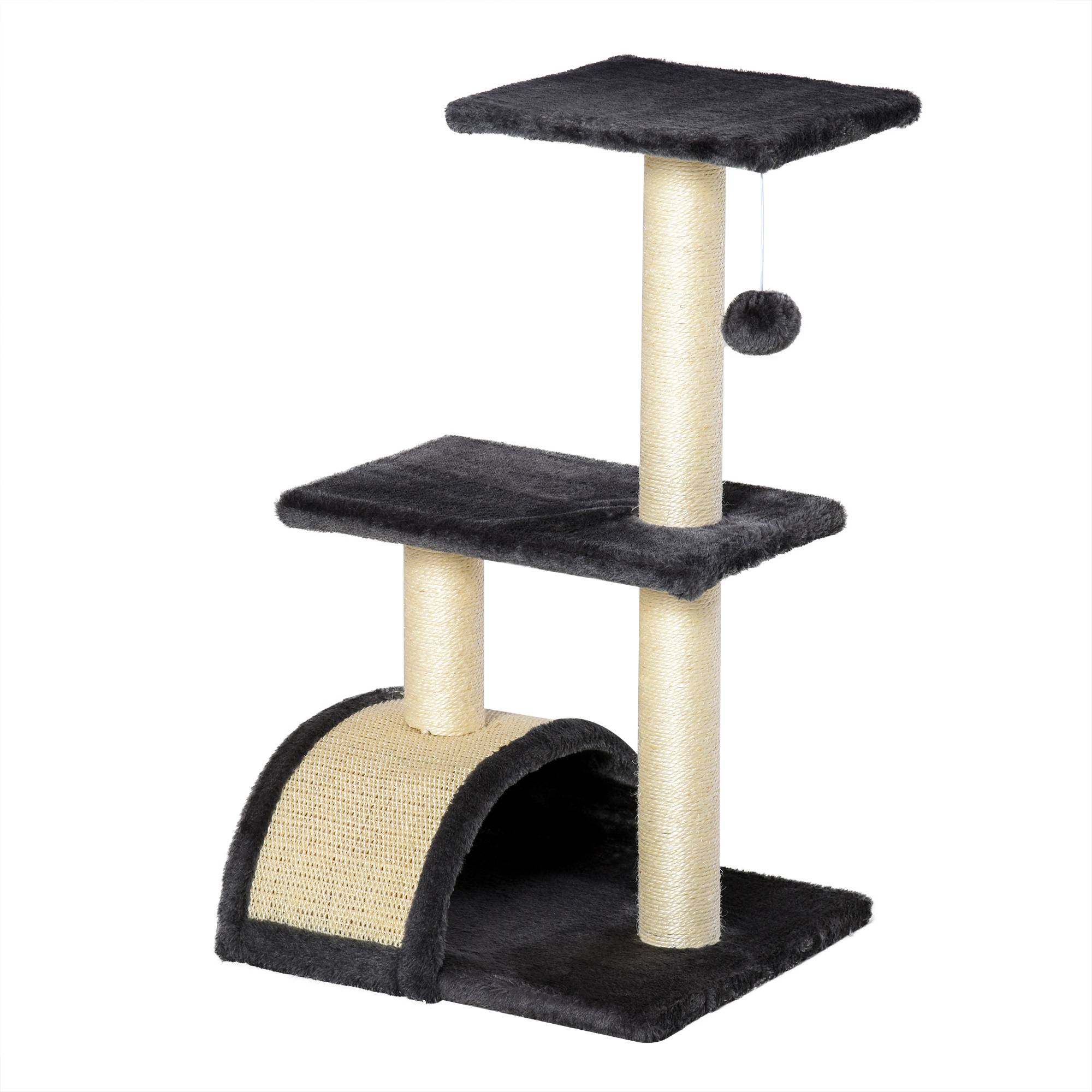 Pawhut - Arbre à chat griffoir grattoir design jeu boule suspendue 2 plateformes peluche sisal naturel gris - Imagen 1