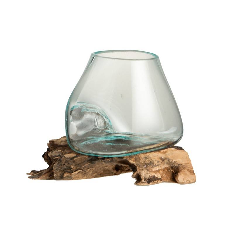 J-Line - Vase en verre sur socle bois 20x16X20 cm - J-Line - Image 2