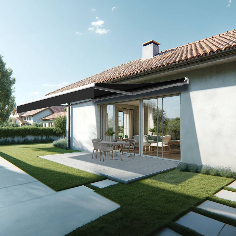Store banne monobloc ESPAI 5,00x3,00m (Motorisé à télécommande + manœuvre de secours - Noir - Blanc) - Alia Productions - Imagen 1