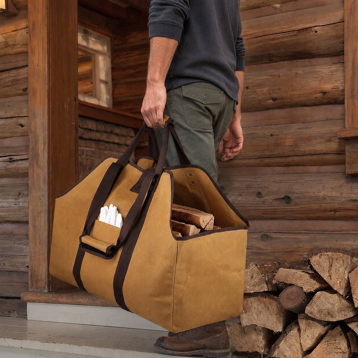 Sac Porte-Bûches Étanche en Toile avec Bandoulière et Poignées - Image 6
