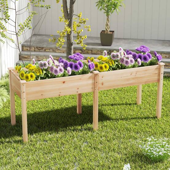 Jardinière Surélevé en Bois avec Pied, Lit de Jardin avec Panneau Diviseur Trous de Drainage, pour Fleur Herbe Légume Fruit, 184 x 58 x 77CM, Naturel - Image 3