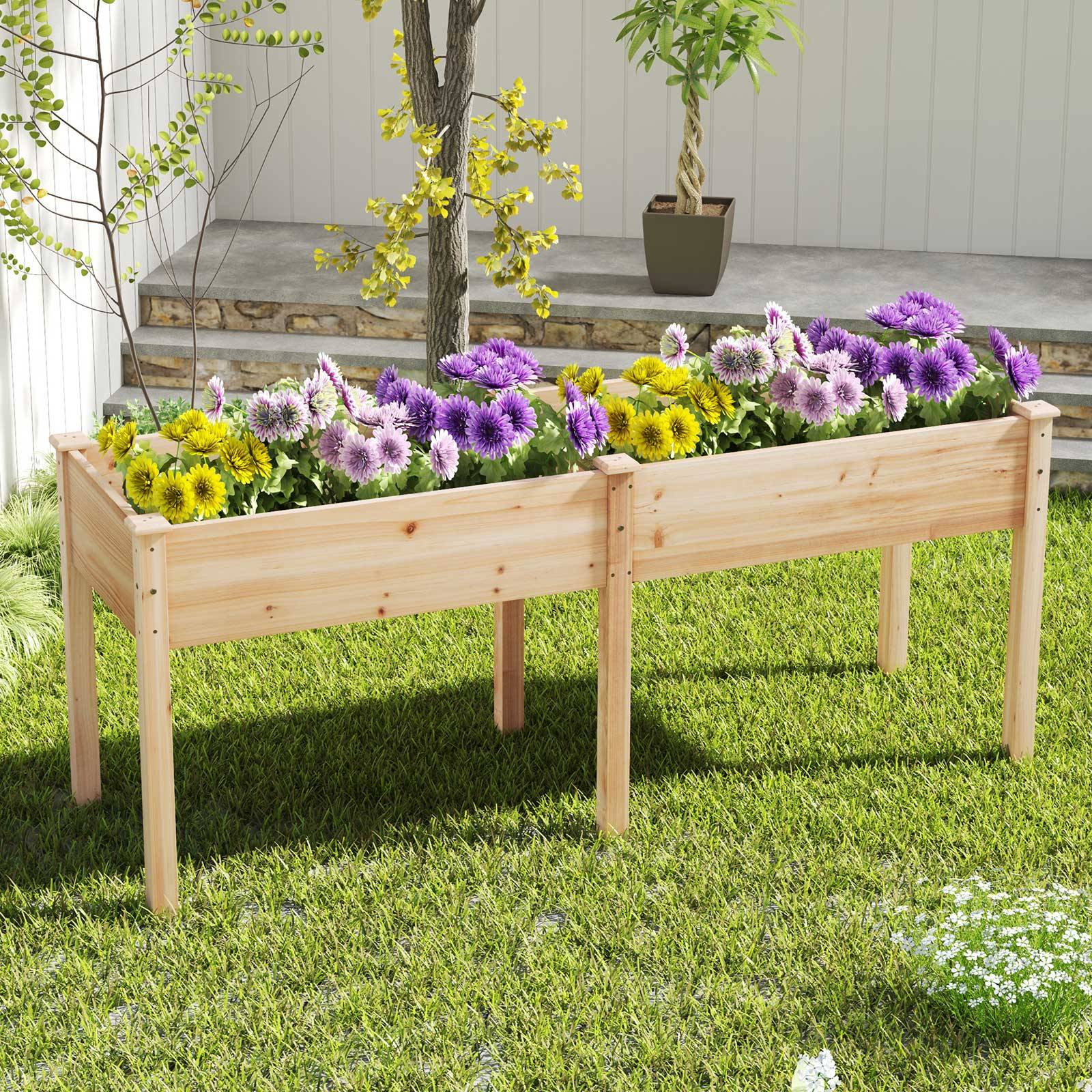 Jardinière Surélevé en Bois avec Pied, Lit de Jardin avec Panneau Diviseur Trous de Drainage, pour Fleur Herbe Légume Fruit, 184 x 58 x 77CM, Naturel - Image 3