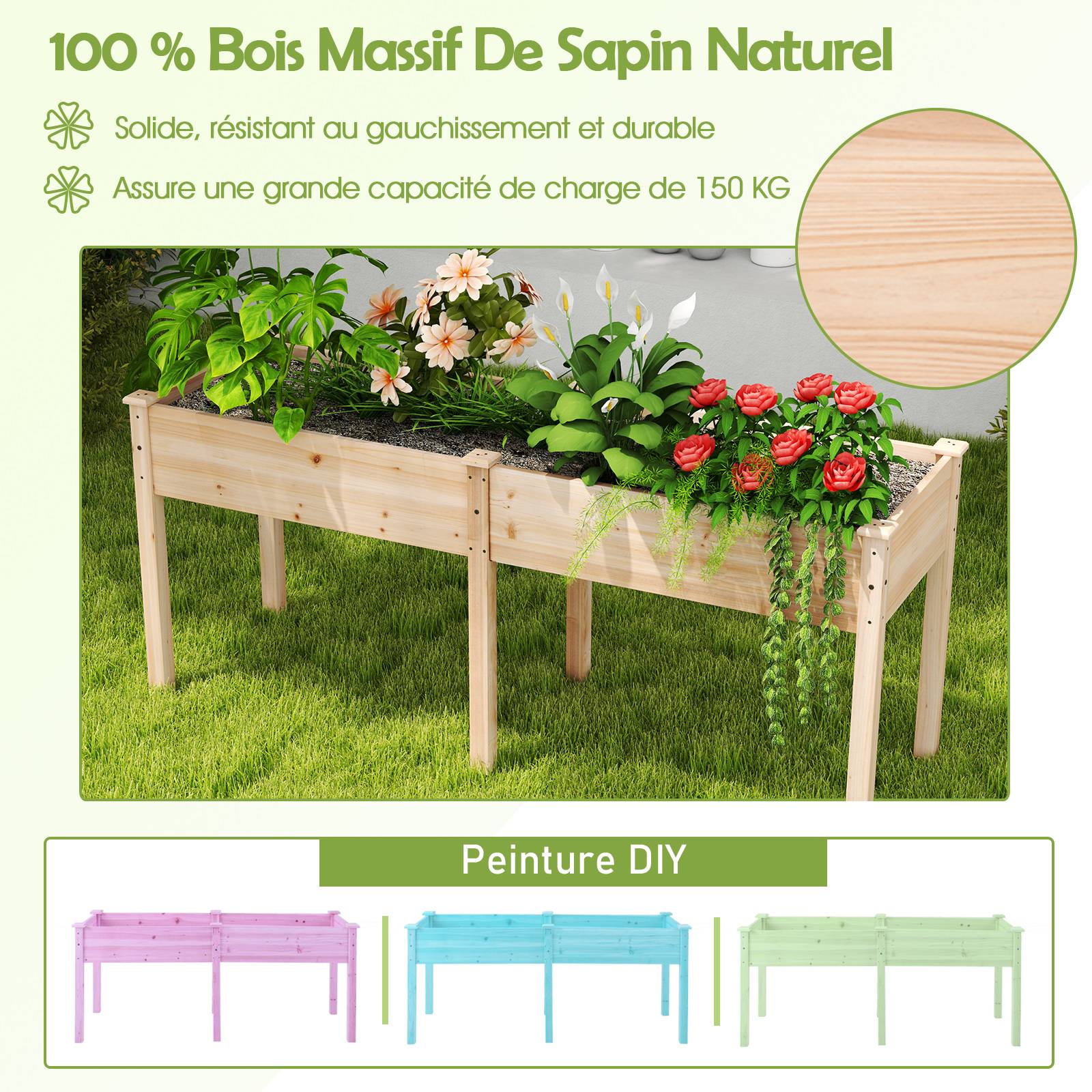 Jardinière Surélevé en Bois avec Pied, Lit de Jardin avec Panneau Diviseur Trous de Drainage, pour Fleur Herbe Légume Fruit, 184 x 58 x 77CM, Naturel - Image 5