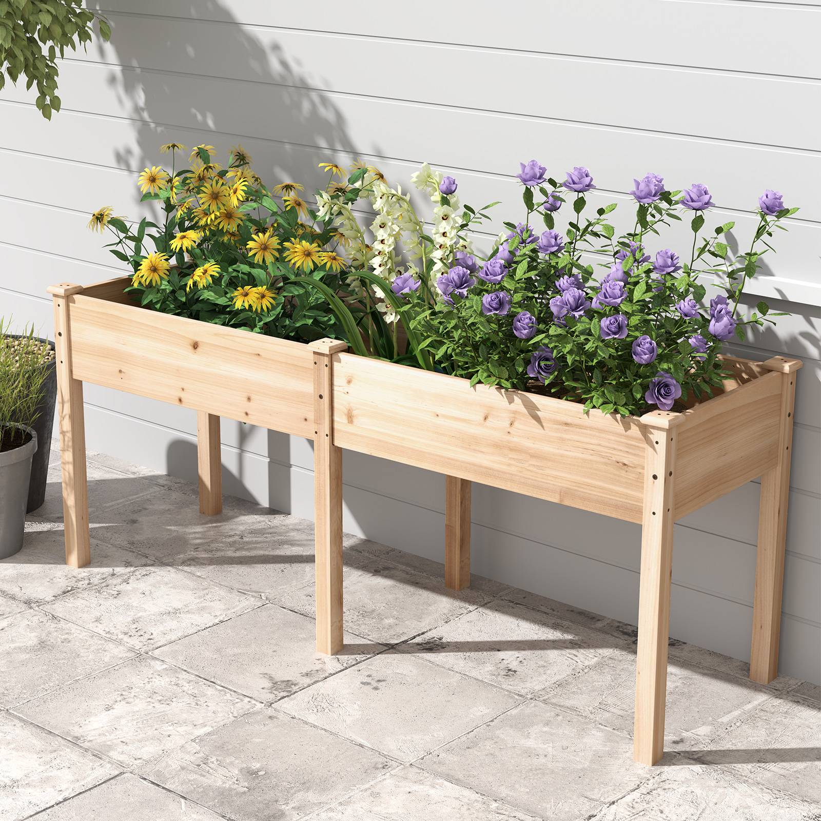 Jardinière Surélevé en Bois avec Pied, Lit de Jardin avec Panneau Diviseur Trous de Drainage, pour Fleur Herbe Légume Fruit, 184 x 58 x 77CM, Naturel - Image 2