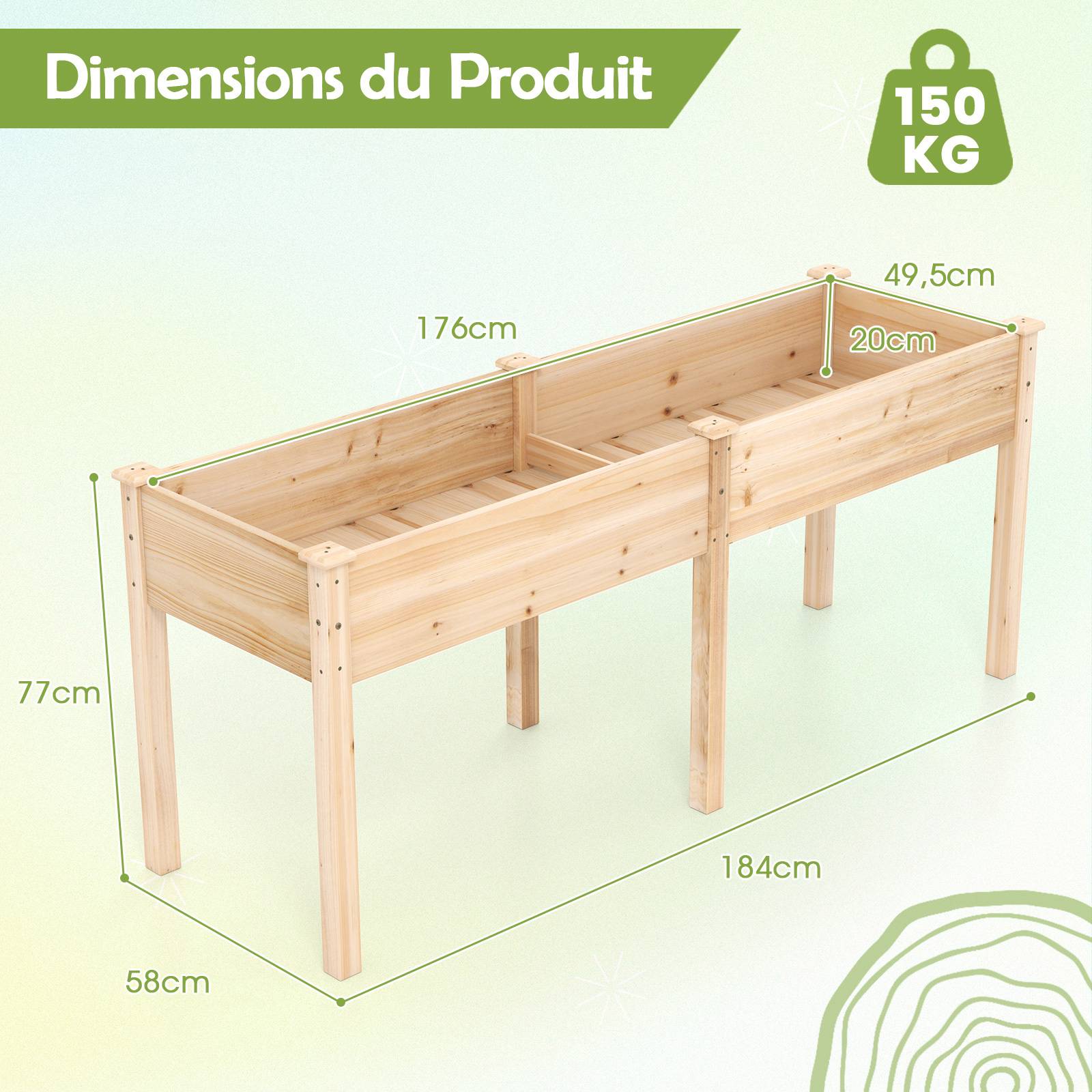 Jardinière Surélevé en Bois avec Pied, Lit de Jardin avec Panneau Diviseur Trous de Drainage, pour Fleur Herbe Légume Fruit, 184 x 58 x 77CM, Naturel - Image 4