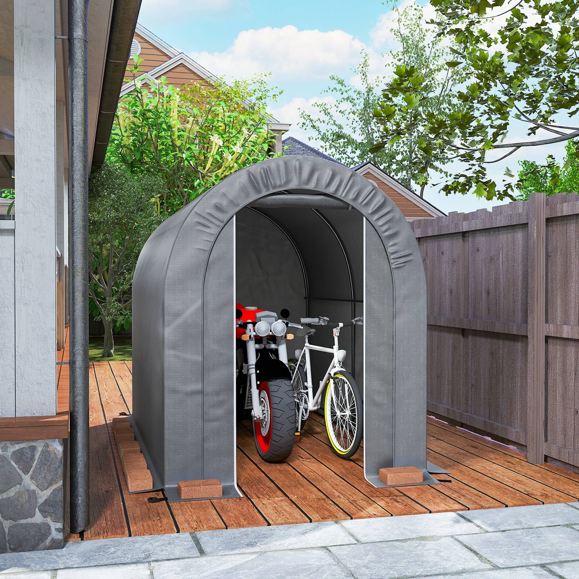 Abri de jardin pour vélo avec armature en acier, porte zippée, imperméable, 2,4 x 1,6 x 1,9 m, gris clair - Image 10
