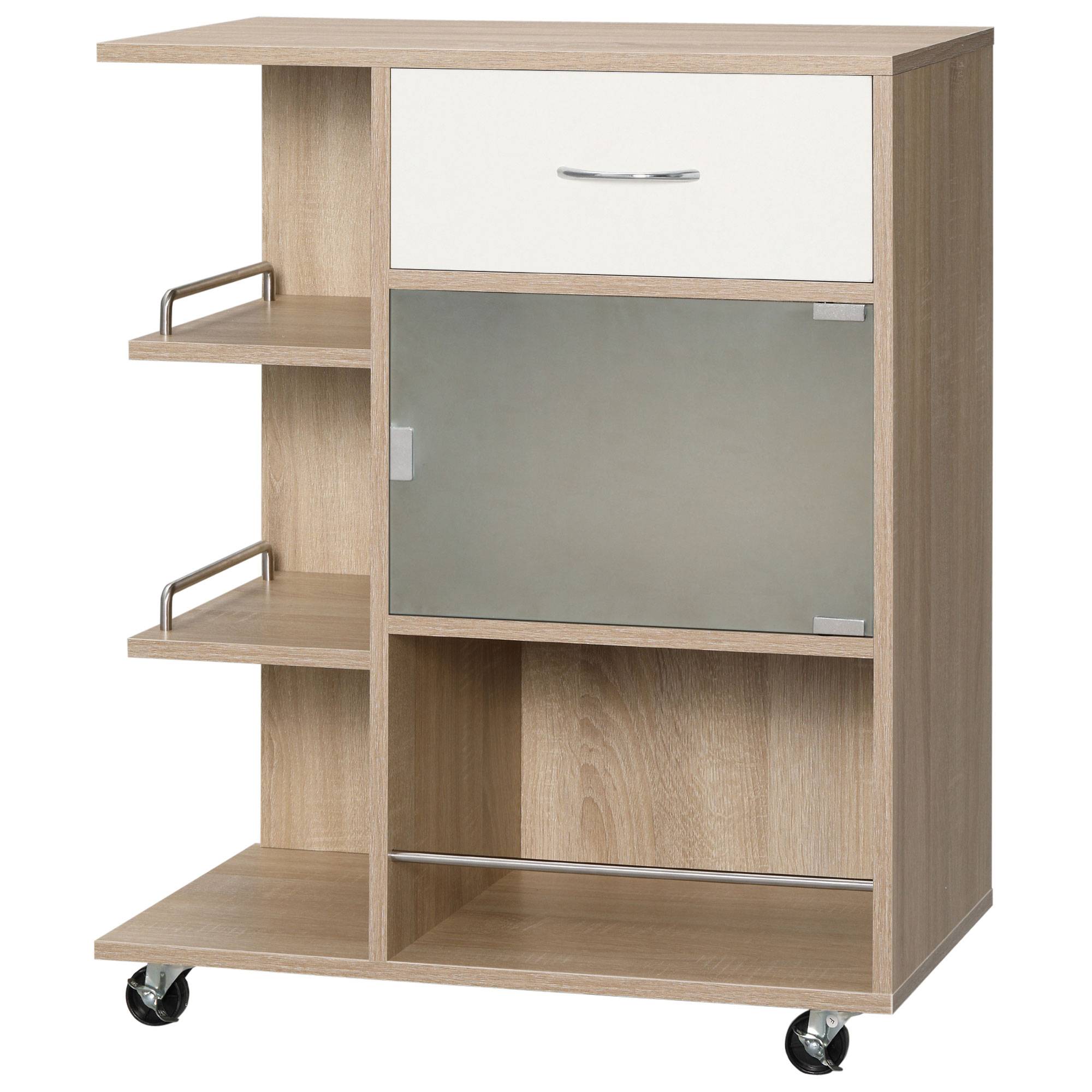 Sans Marque - Chariot cuisine tiroir étagères placard bois acier verre 65x39x80 cm - Image 2