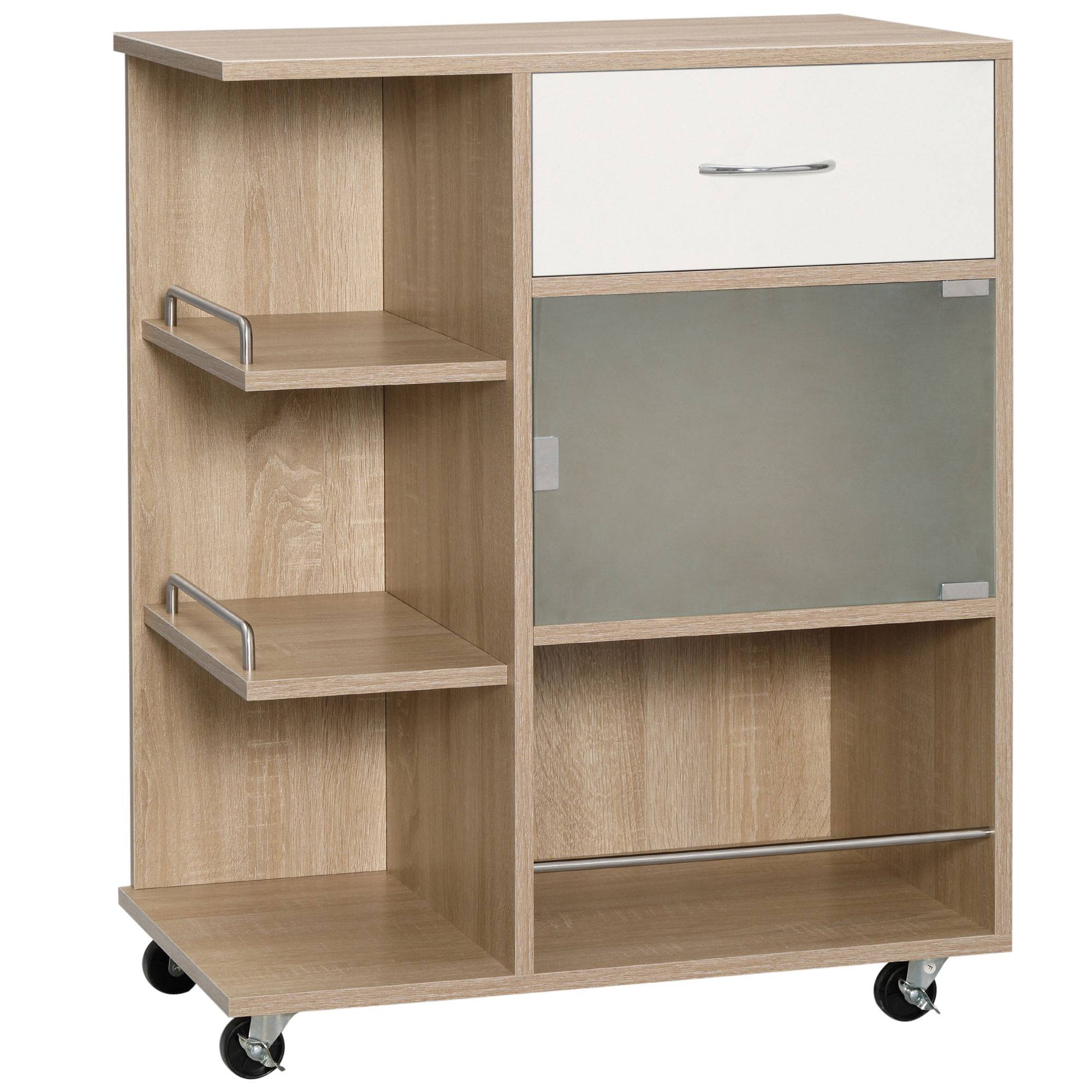 Sans Marque - Chariot cuisine tiroir étagères placard bois acier verre 65x39x80 cm - Image 1