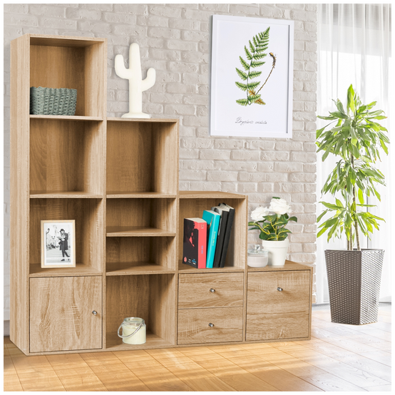 Meuble de rangement en escalier LIAM 4 niveaux bois façon hêtre avec porte et tiroirs - Image 1