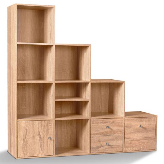 Meuble de rangement en escalier LIAM 4 niveaux bois façon hêtre avec porte et tiroirs - Image 4