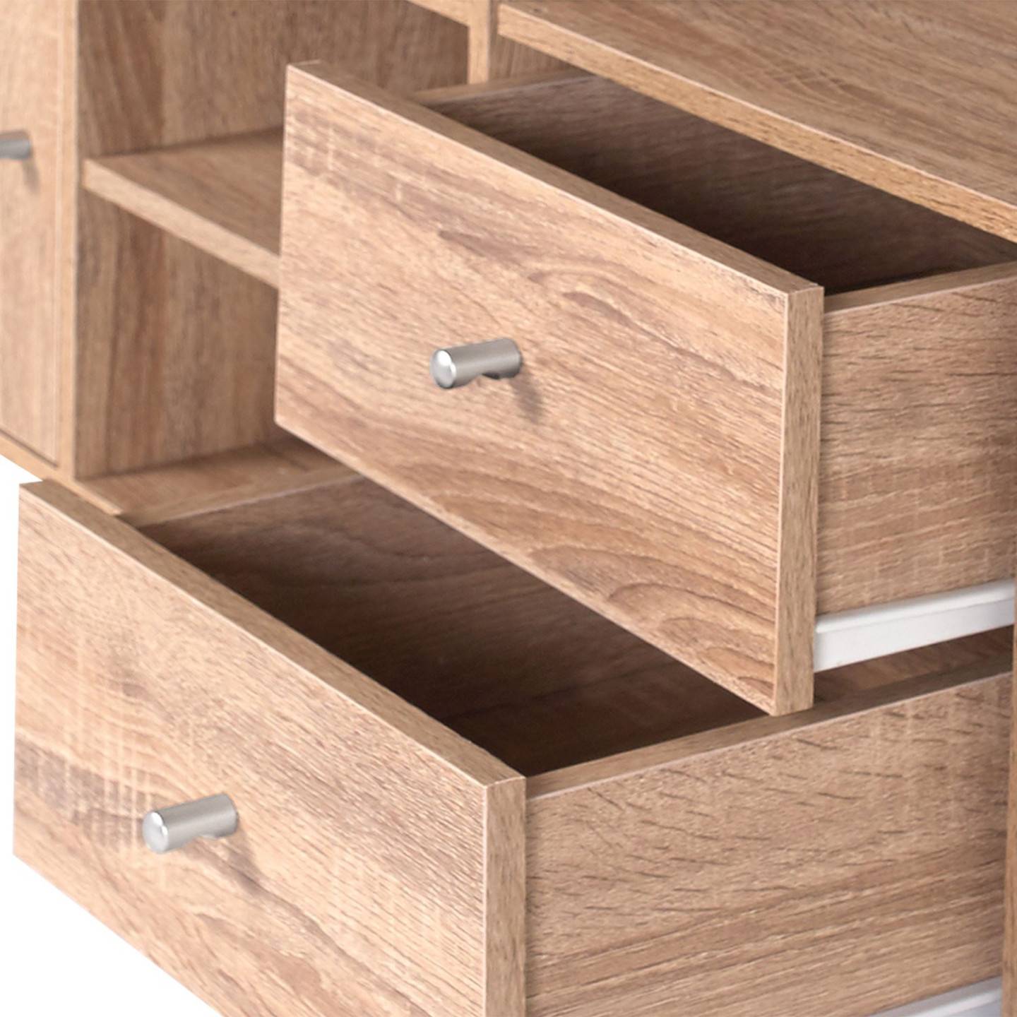 Meuble de rangement en escalier LIAM 4 niveaux bois façon hêtre avec porte et tiroirs - Image 3