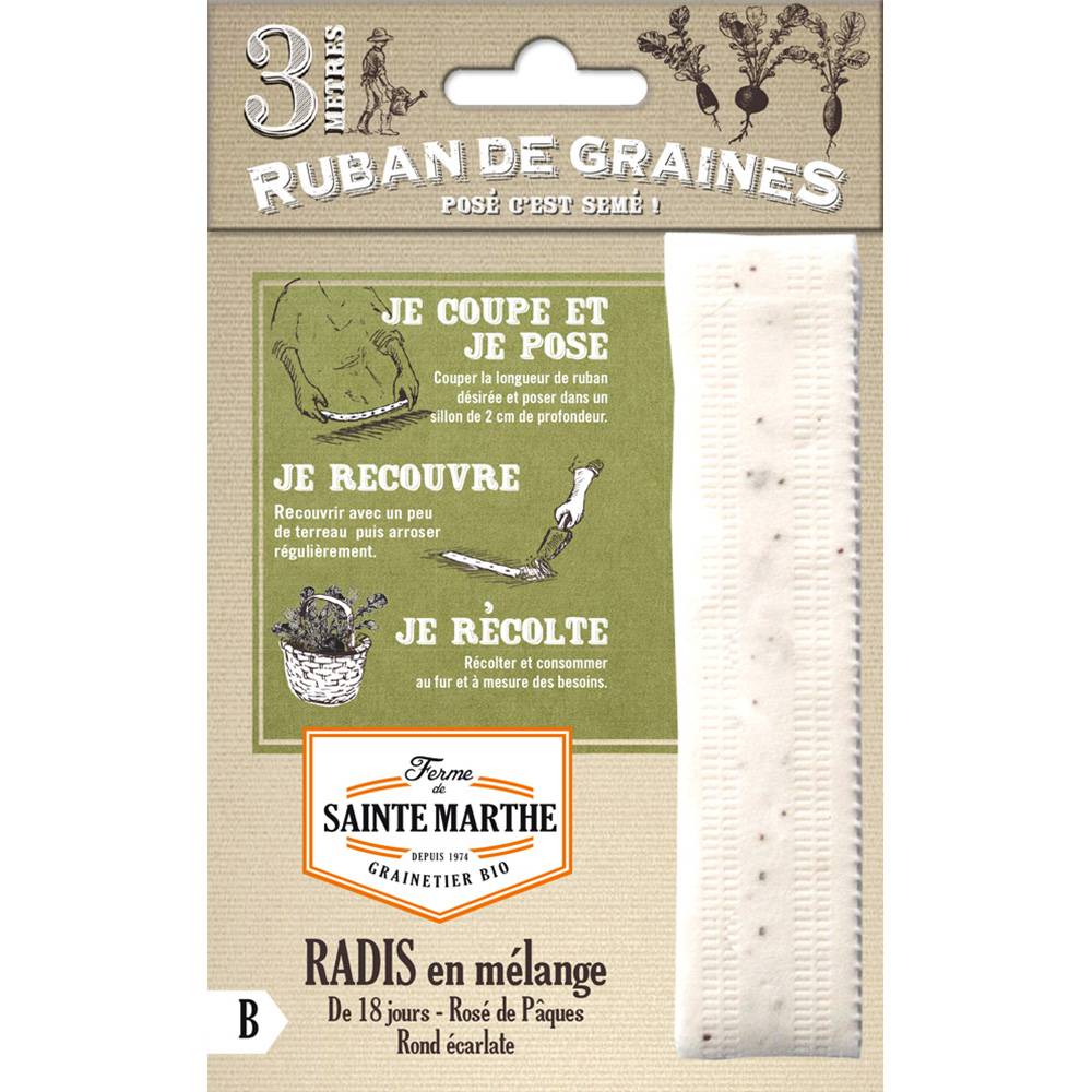 Carte ruban de Radis de 18 jours - Rosé de Pâques - Rond Ecarlate - Bio - Ferme de Sainte Marthe Livré en ruban de 3 mètres