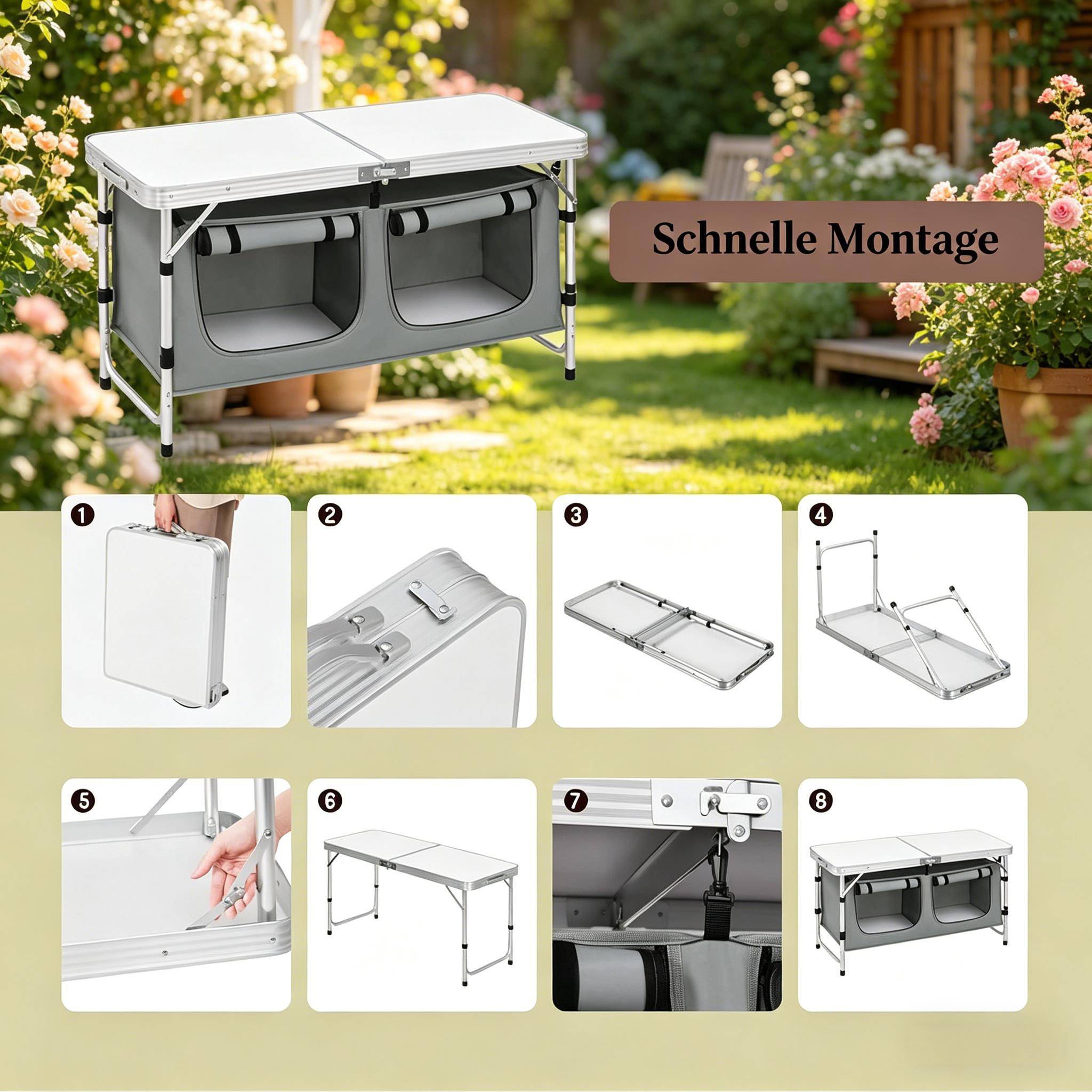 Table camping pliante Aluminium Extérieur pique-nique Rangement suspendu 120x47cm Gris - ComfortXL Outdoor Living - Image 3