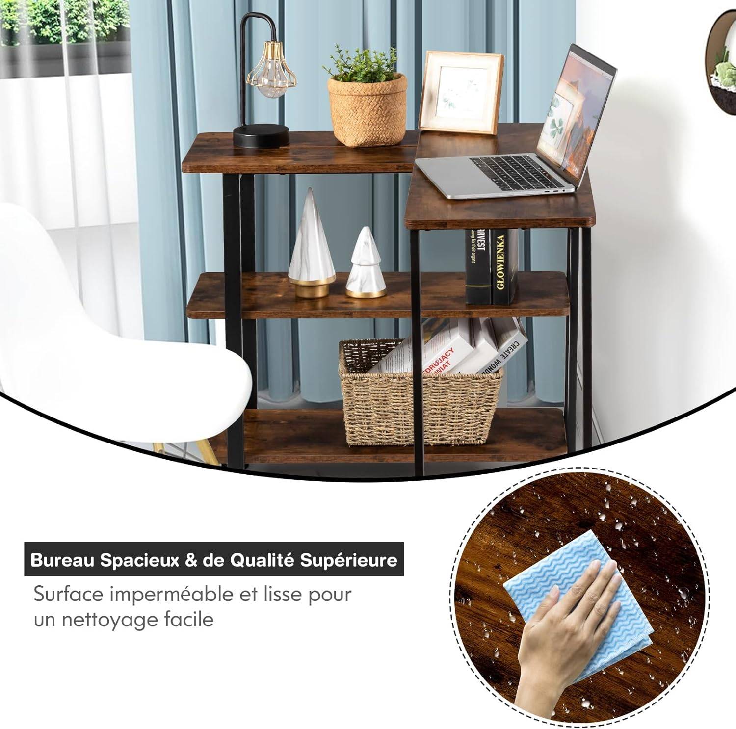 Table Roulante, Bureau d’Angle Mobile avec 3 Étagères, Marron Rustqiue ...