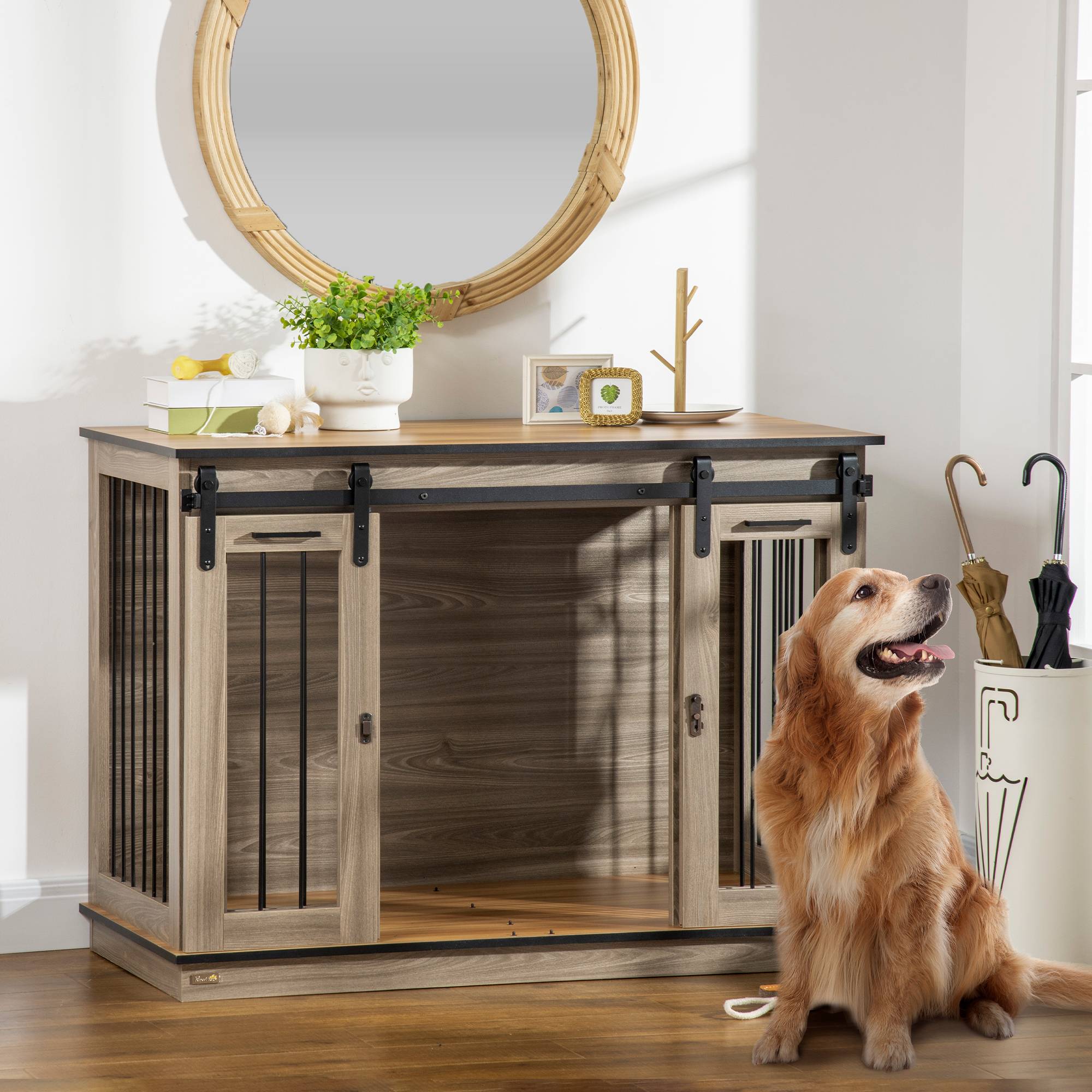 Cage de transport pour chien 2 portes, design rustique verrouillable, marron - Image 3