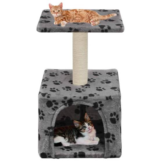 Helloshop26 - Arbre à chat griffoir grattoir niche jouet animaux peluché en sisal 55 cm gris motif de pattes - Image 1