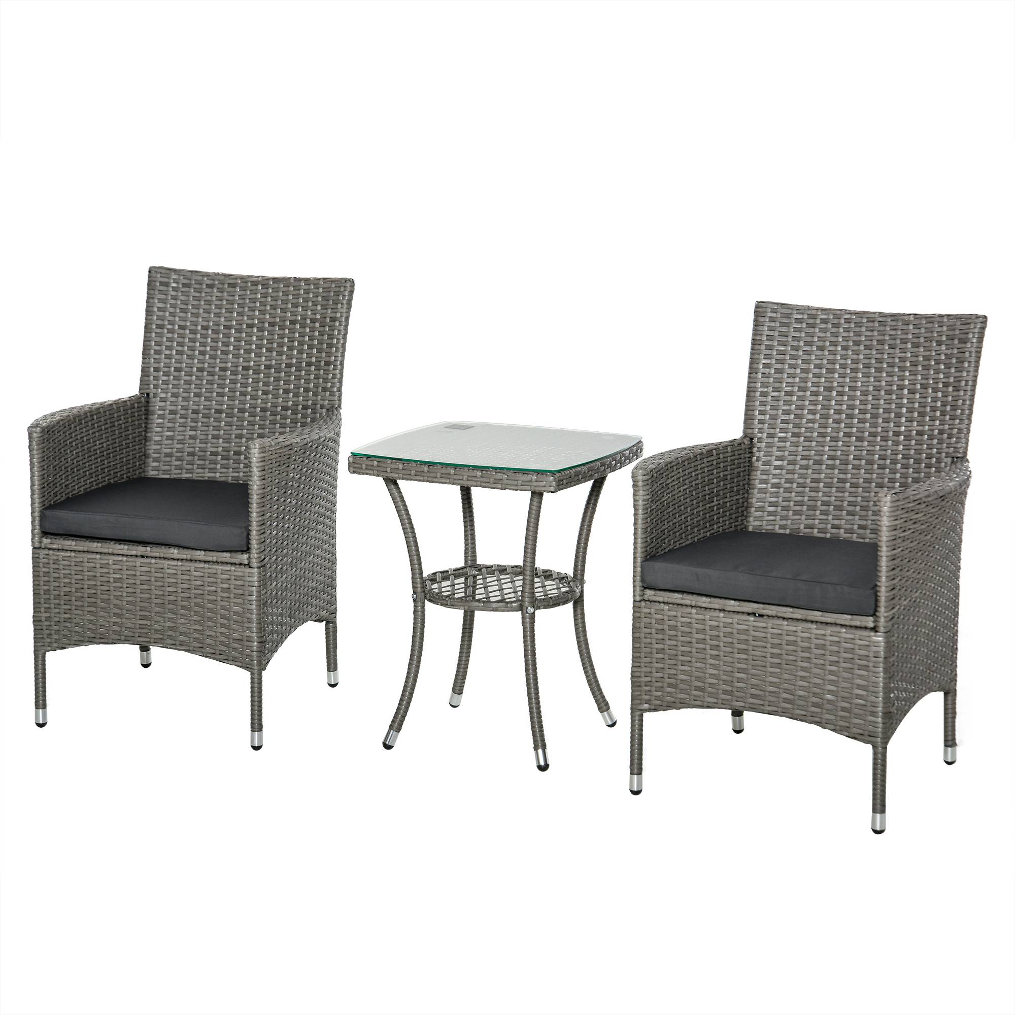 Sans Marque - Ensemble jardin 3 pièces rotin PE acier 2 chaises coussins lavables table verre gris - Image 2