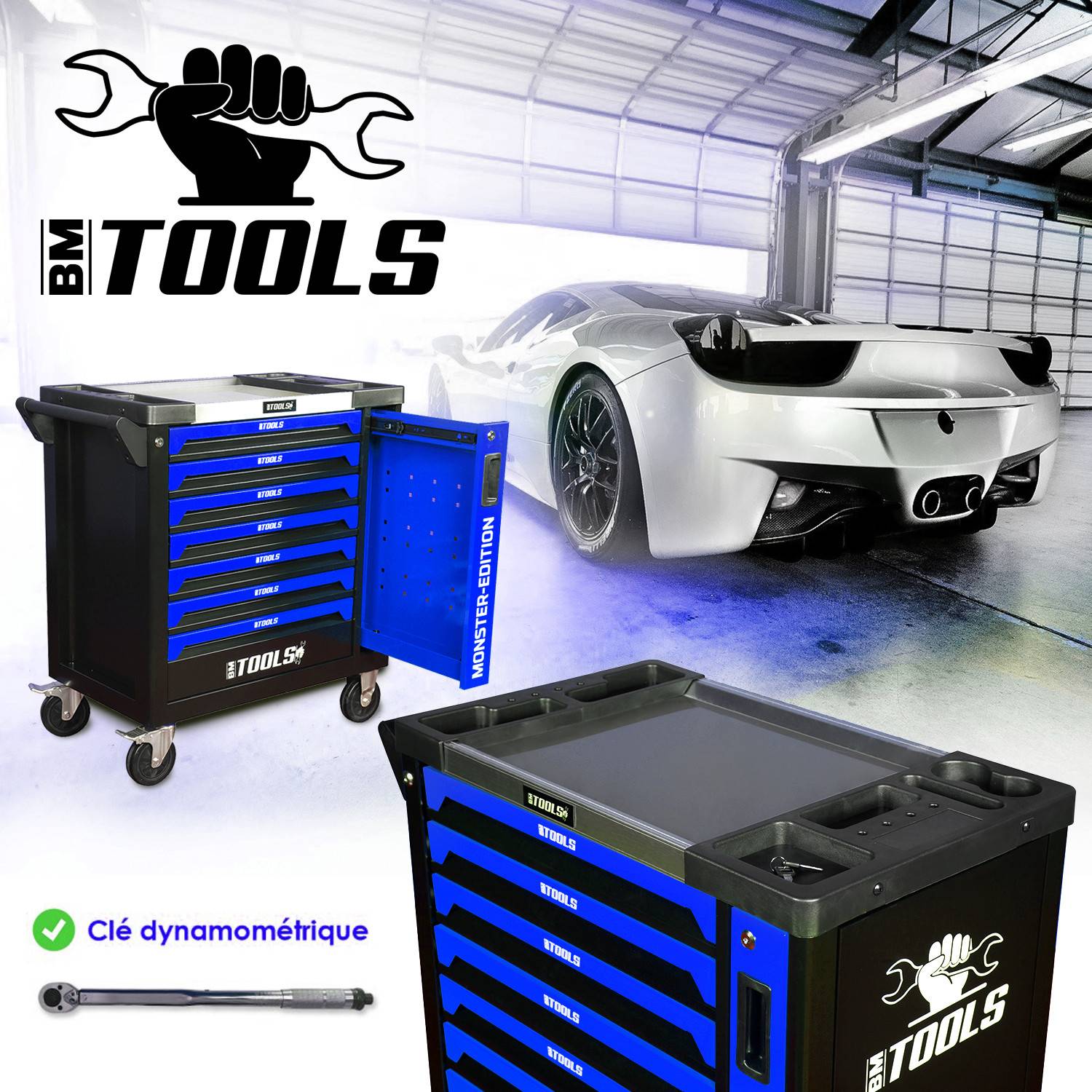 Servante d'atelier Mécanique BM TOOLS 9/7 MONSTER BLUE 7 tiroirs pleins, Tiroir en façade - 257 outils - Chariot sur roulettes - Image 3