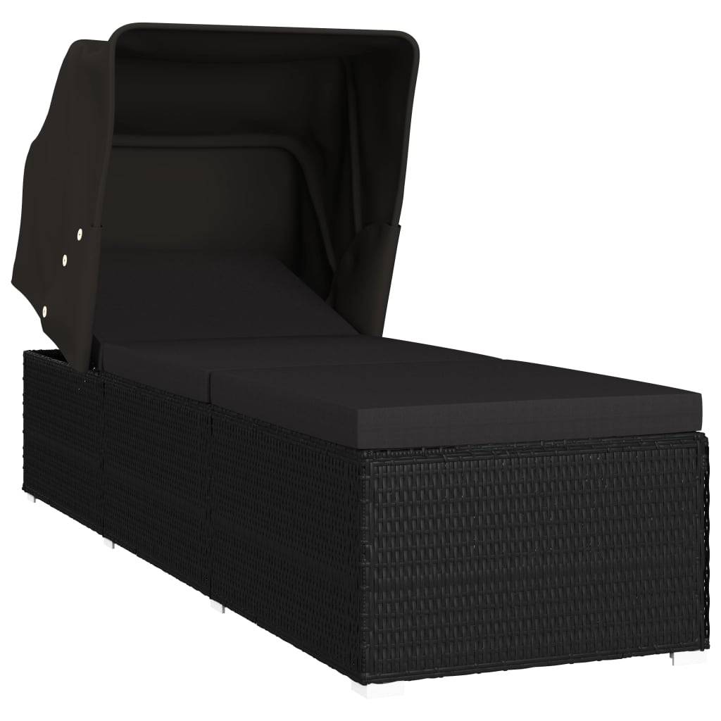 Helloshop26 - Transat chaise longue bain de soleil lit de jardin terrasse meuble d'extérieur avec auvent et coussin résine tressée noir - Imagen 1