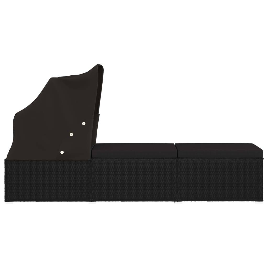 Helloshop26 - Transat chaise longue bain de soleil lit de jardin terrasse meuble d'extérieur avec auvent et coussin résine tressée noir - Imagen 3