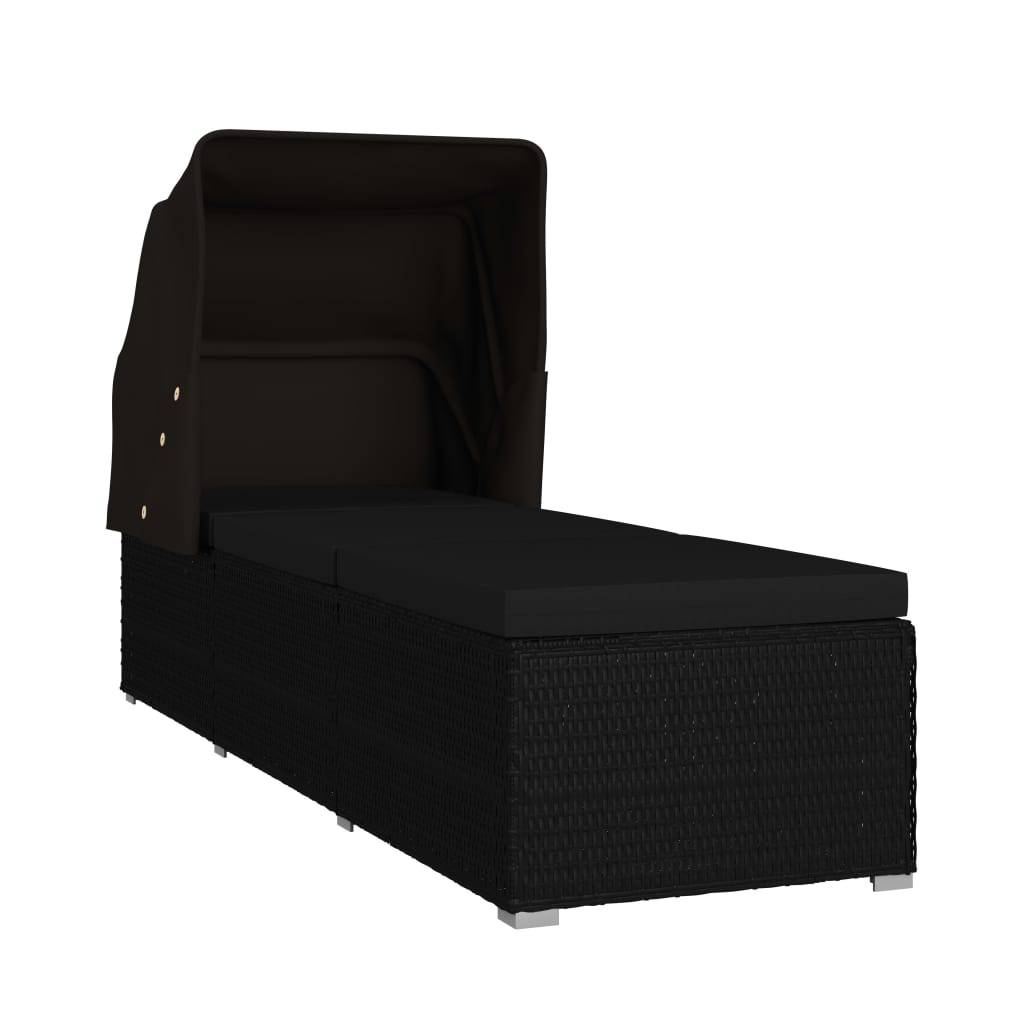 Helloshop26 - Transat chaise longue bain de soleil lit de jardin terrasse meuble d'extérieur avec auvent et coussin résine tressée noir - Imagen 2