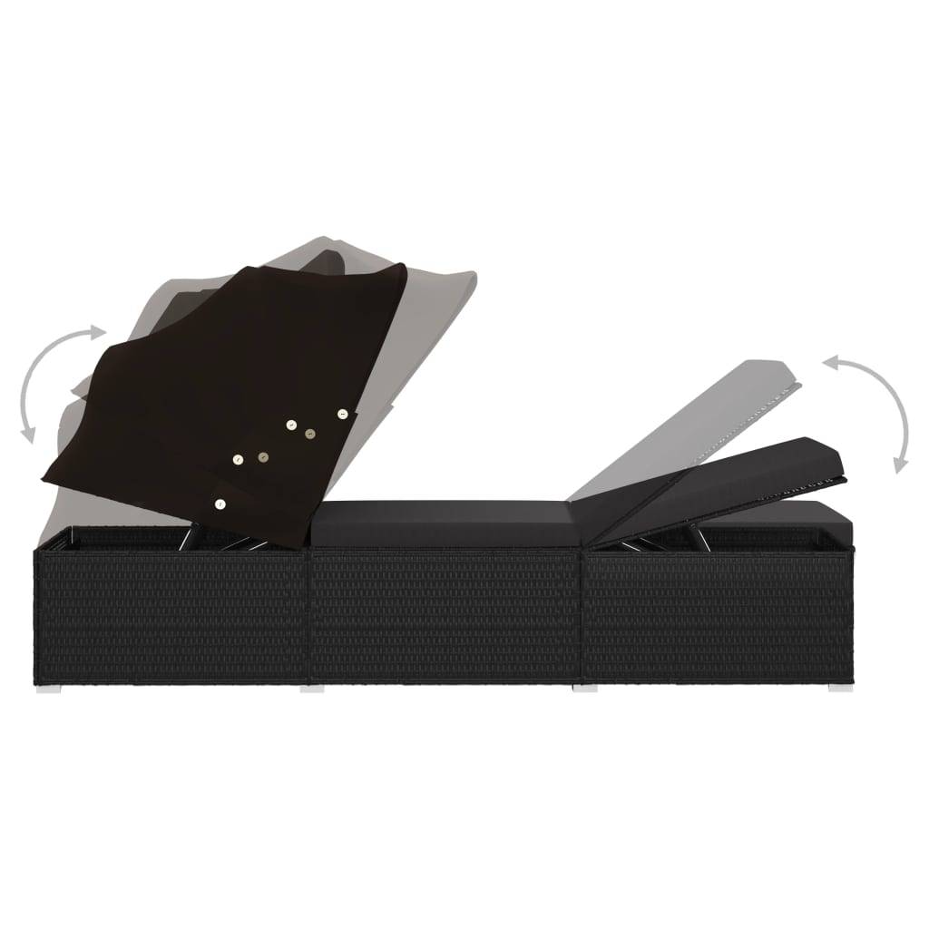 Helloshop26 - Transat chaise longue bain de soleil lit de jardin terrasse meuble d'extérieur avec auvent et coussin résine tressée noir - Imagen 5