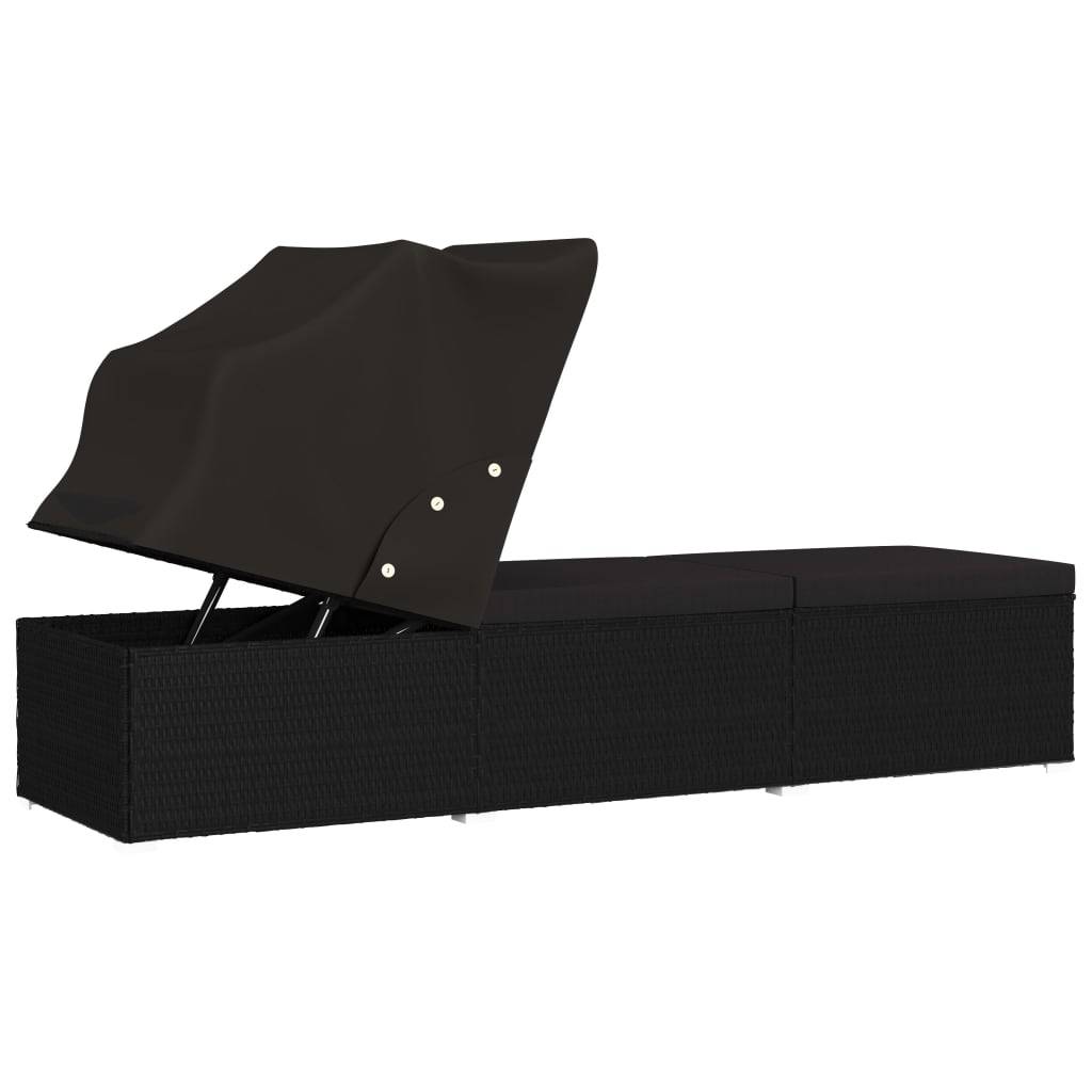 Helloshop26 - Transat chaise longue bain de soleil lit de jardin terrasse meuble d'extérieur avec auvent et coussin résine tressée noir - Imagen 4