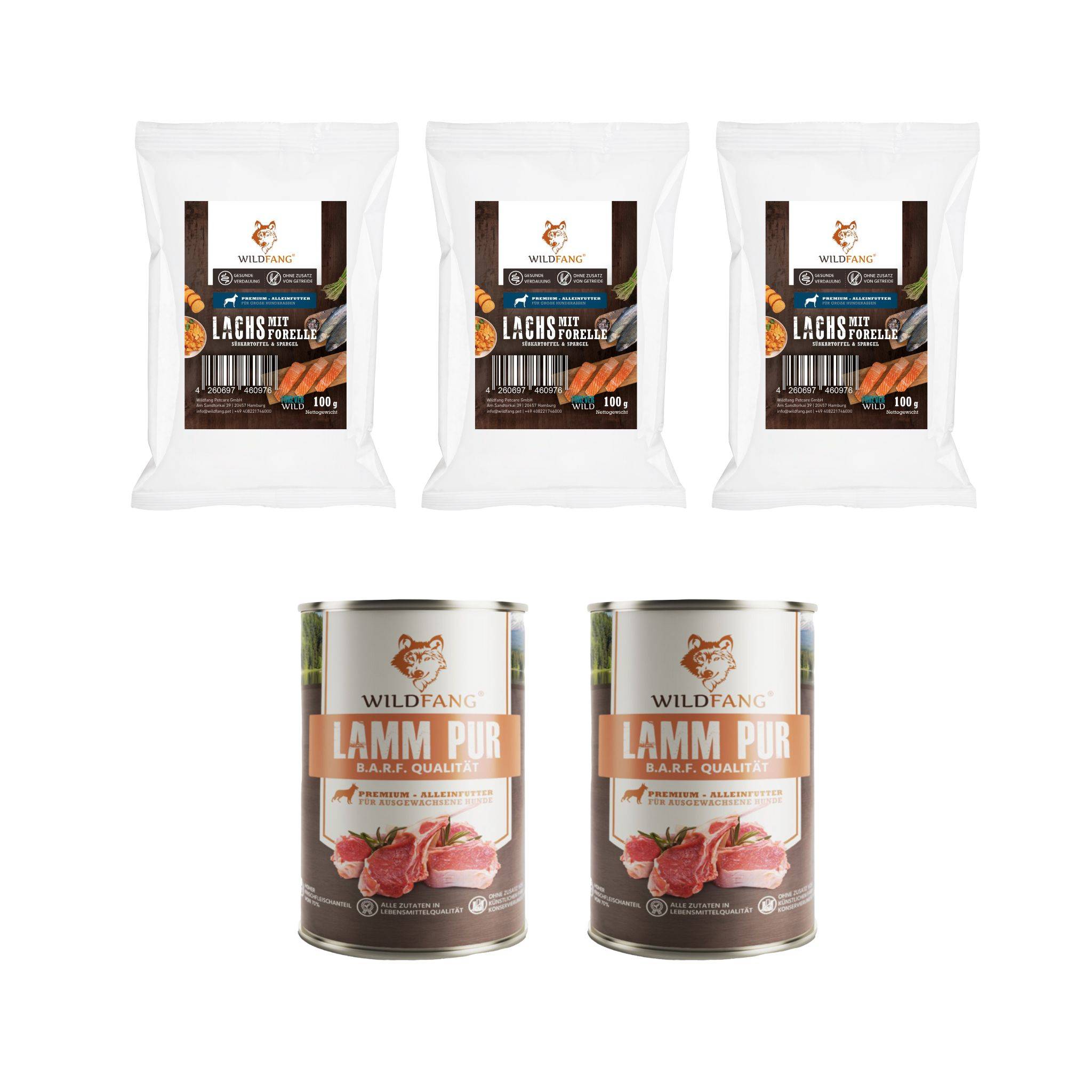 Wildfang - Wildfang - Coffret Gourmet Adulte - Aliments secs et humides - 3 x Saumon avec truite / 2 x Agneau - Image 1