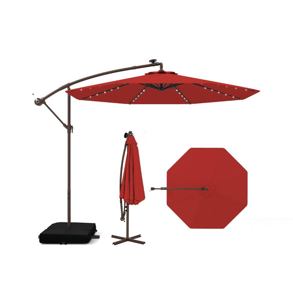 Maison Chic - Parasol Déporté de 3 m avec 32 Lumières LED Panneau Solaire Batterie, Sac de Sable Auvent Imperméable Parasol pour Jardin Piscine Patio Rouge - Image 1