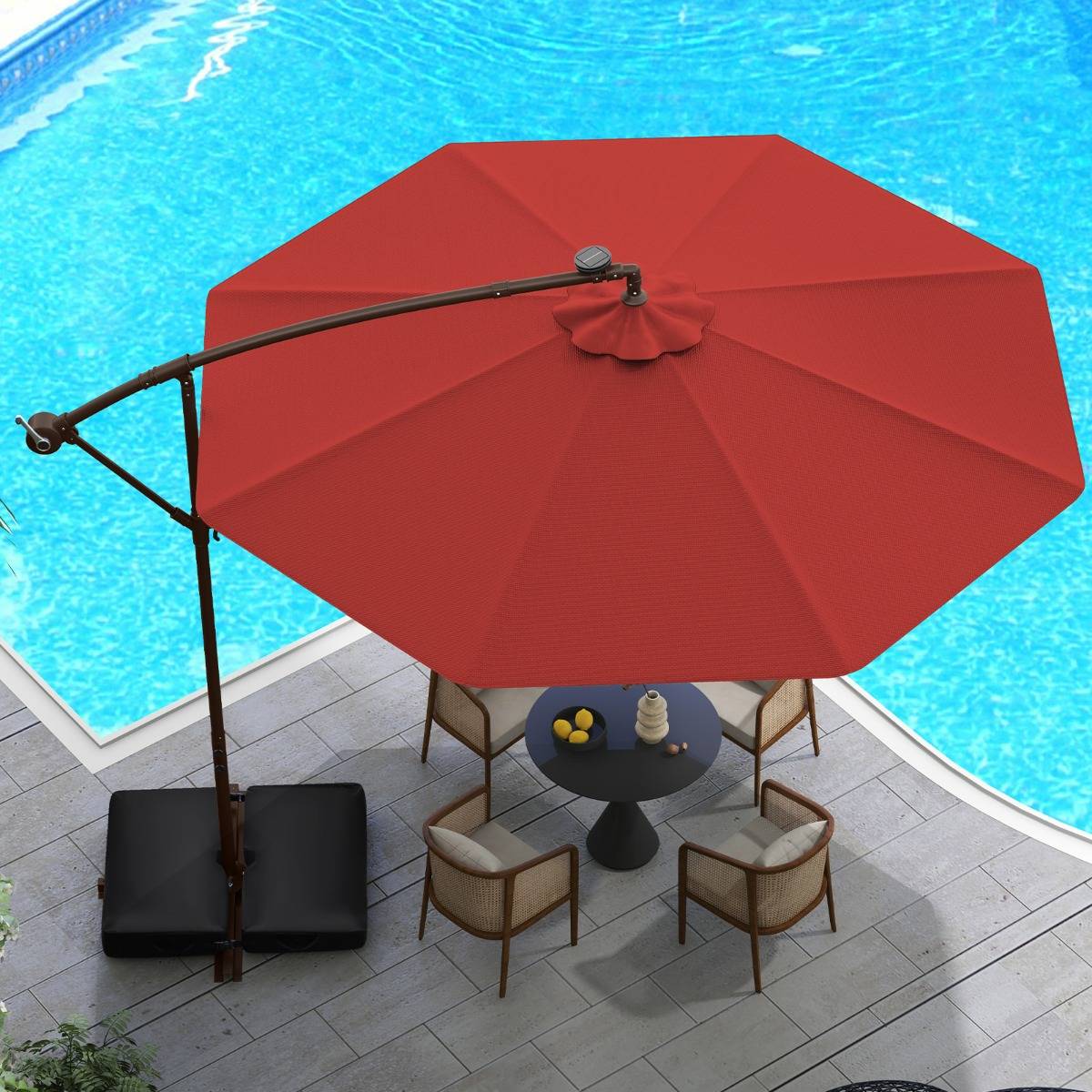 Maison Chic - Parasol Déporté de 3 m avec 32 Lumières LED Panneau Solaire Batterie, Sac de Sable Auvent Imperméable Parasol pour Jardin Piscine Patio Rouge - Image 2